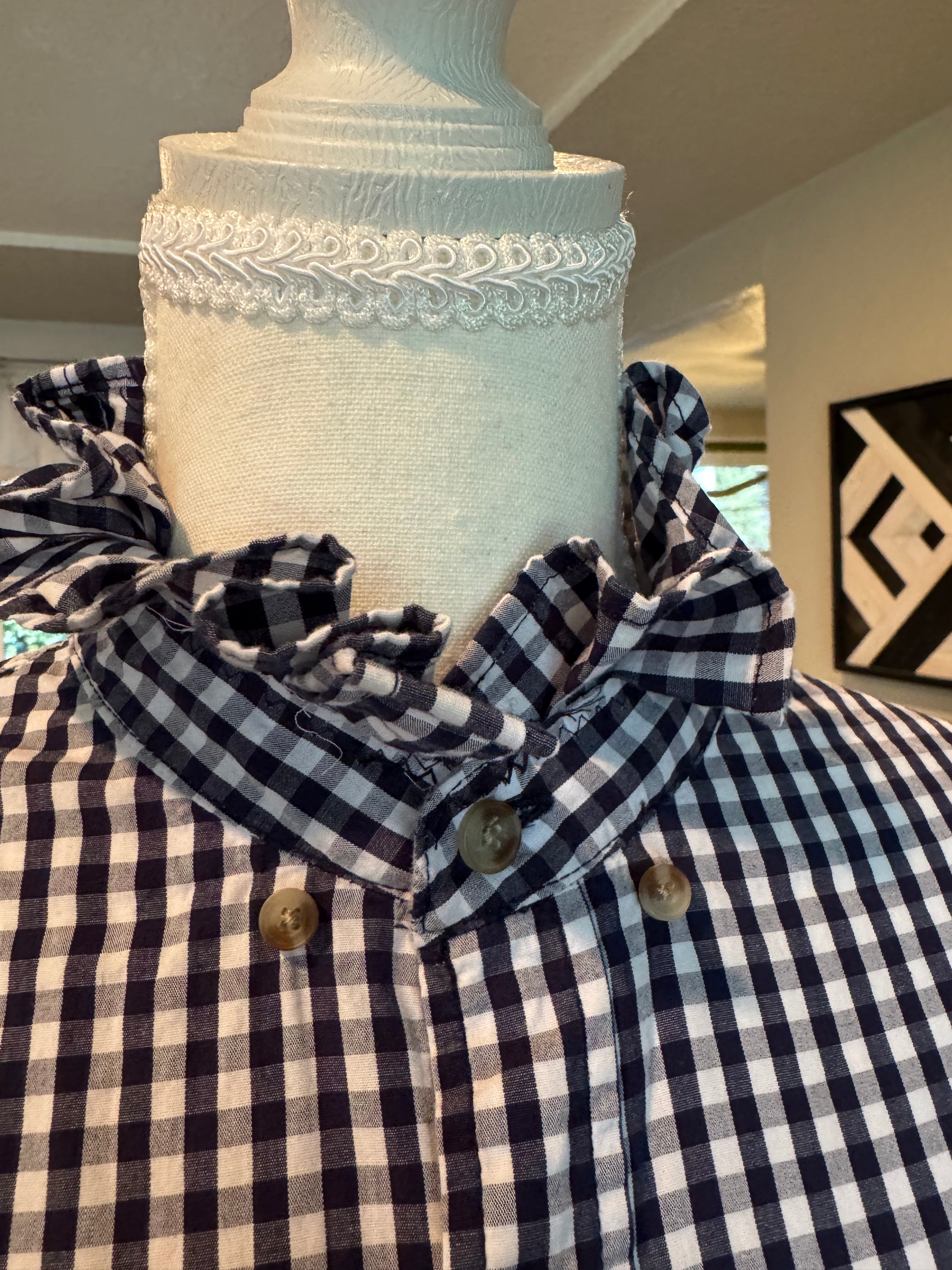 SOLD Gwen - Vineyard Vines Upcycled Mens Ruffle Collar Shirt - Navy Checkered Size Small