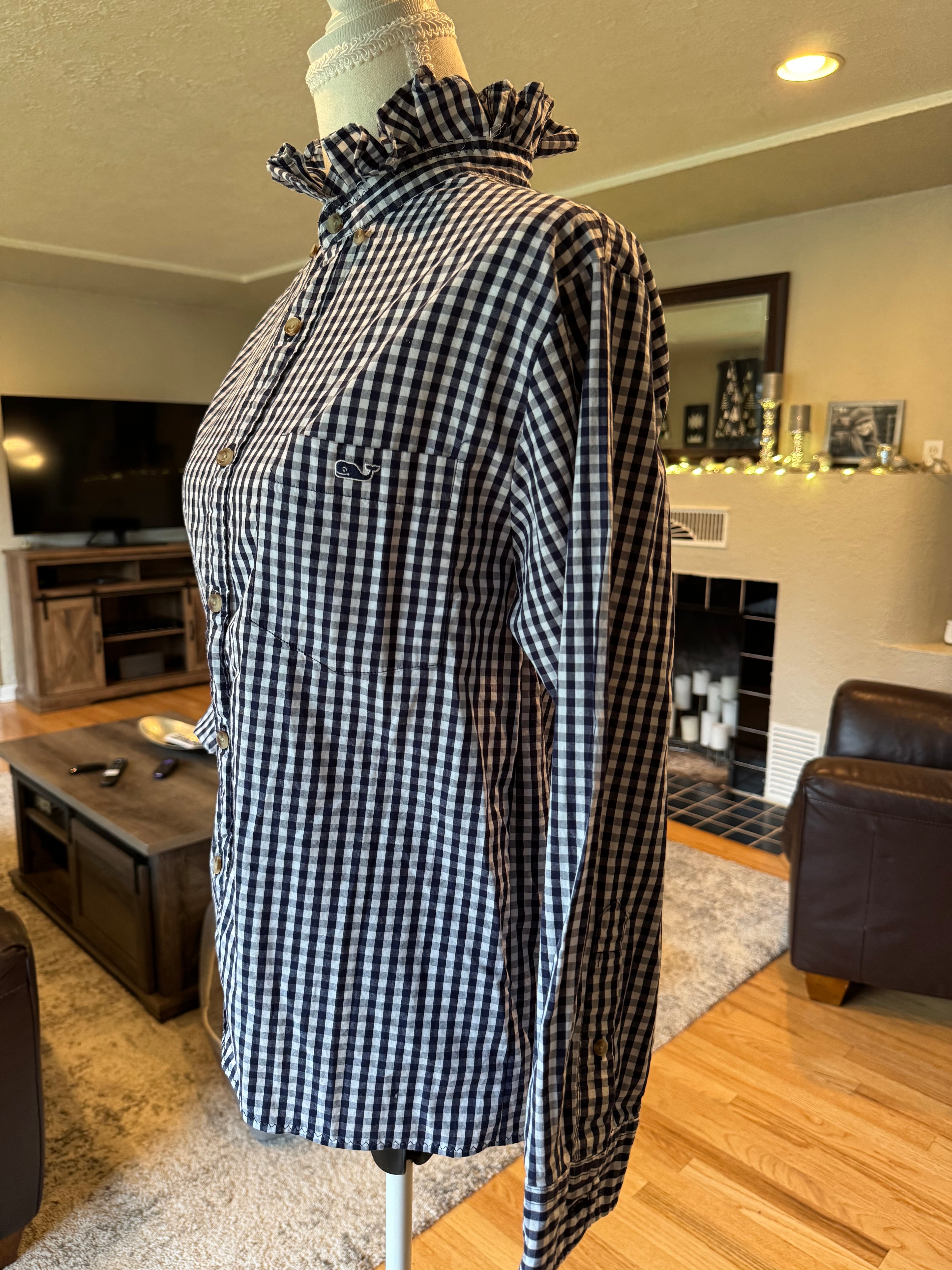 SOLD Gwen - Vineyard Vines Upcycled Mens Ruffle Collar Shirt - Navy Checkered Size Small