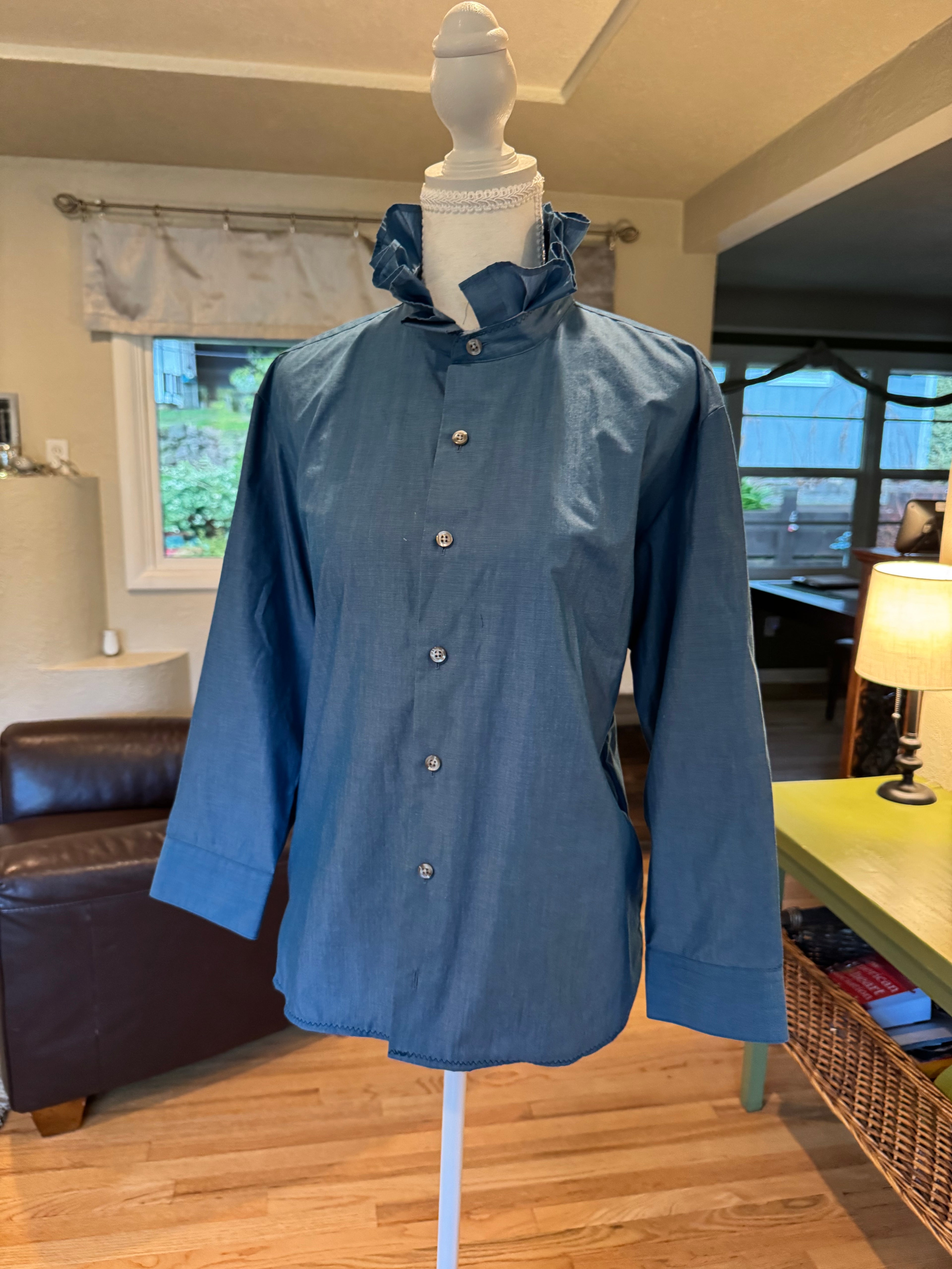 SOLD Collins - Unlisted Upcycled Mens Ruffle Collar Shirt - Blue Chambray - Size Small