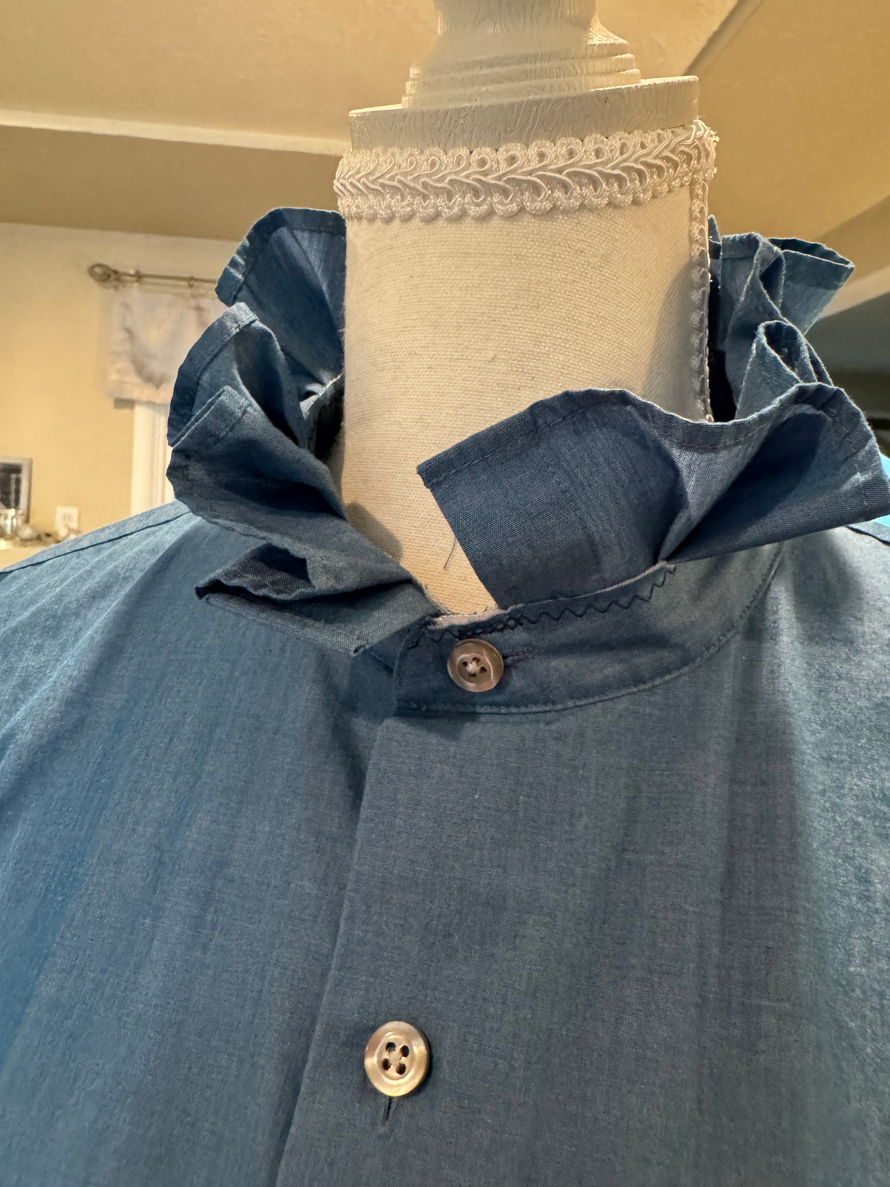 SOLD Collins - Unlisted Upcycled Mens Ruffle Collar Shirt - Blue Chambray - Size Small