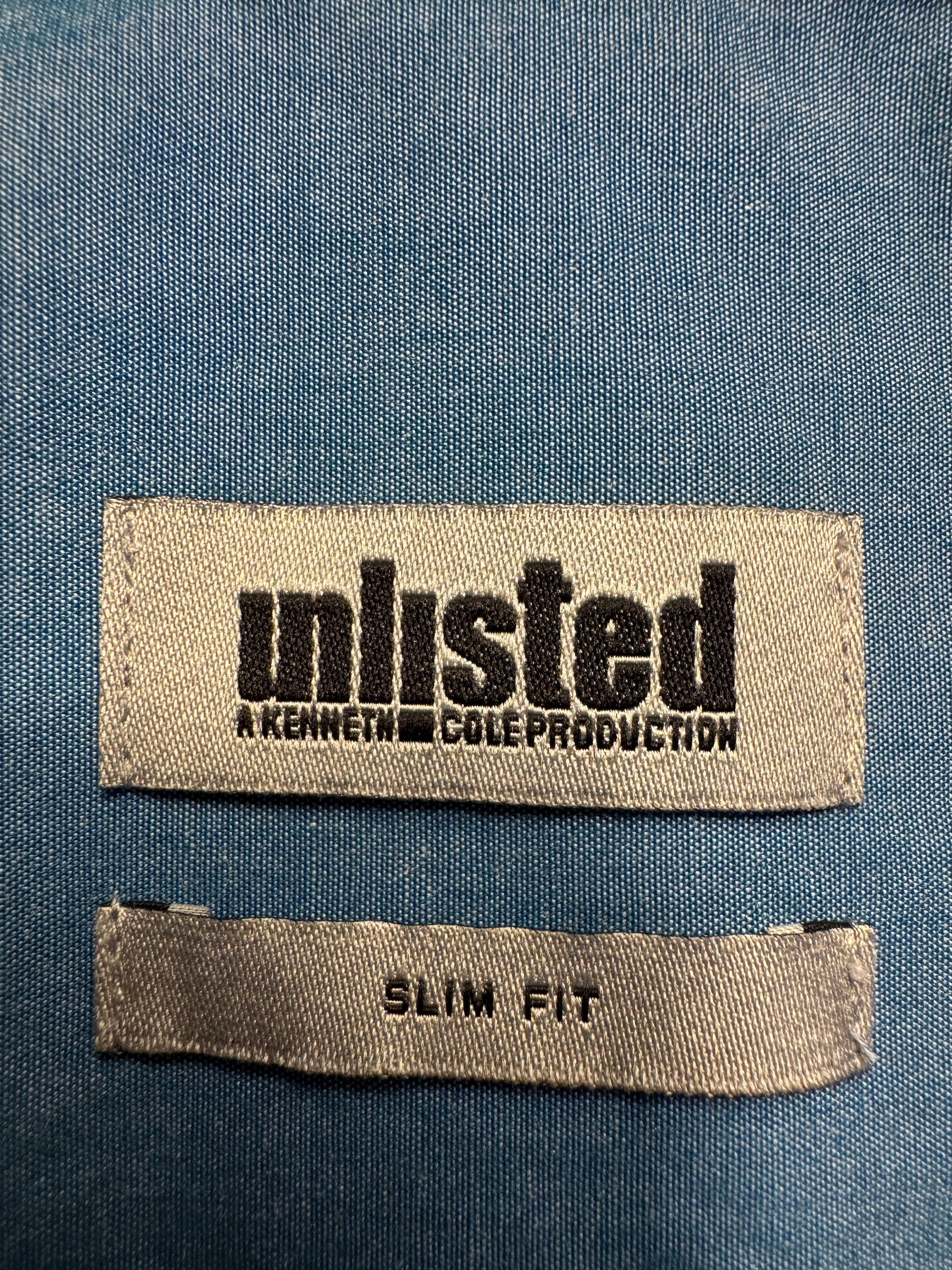 SOLD Collins - Unlisted Upcycled Mens Ruffle Collar Shirt - Blue Chambray - Size Small