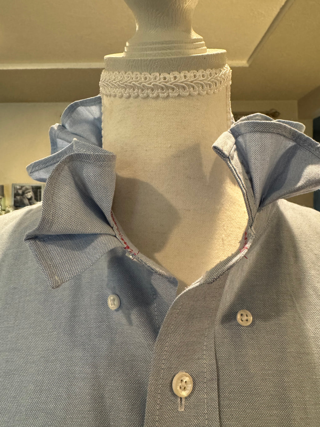 SOLD Celeste - Stafford Upcycled Mens Ruffle Collar Dress Shirt - Light Blue Chambray - Size  M/L