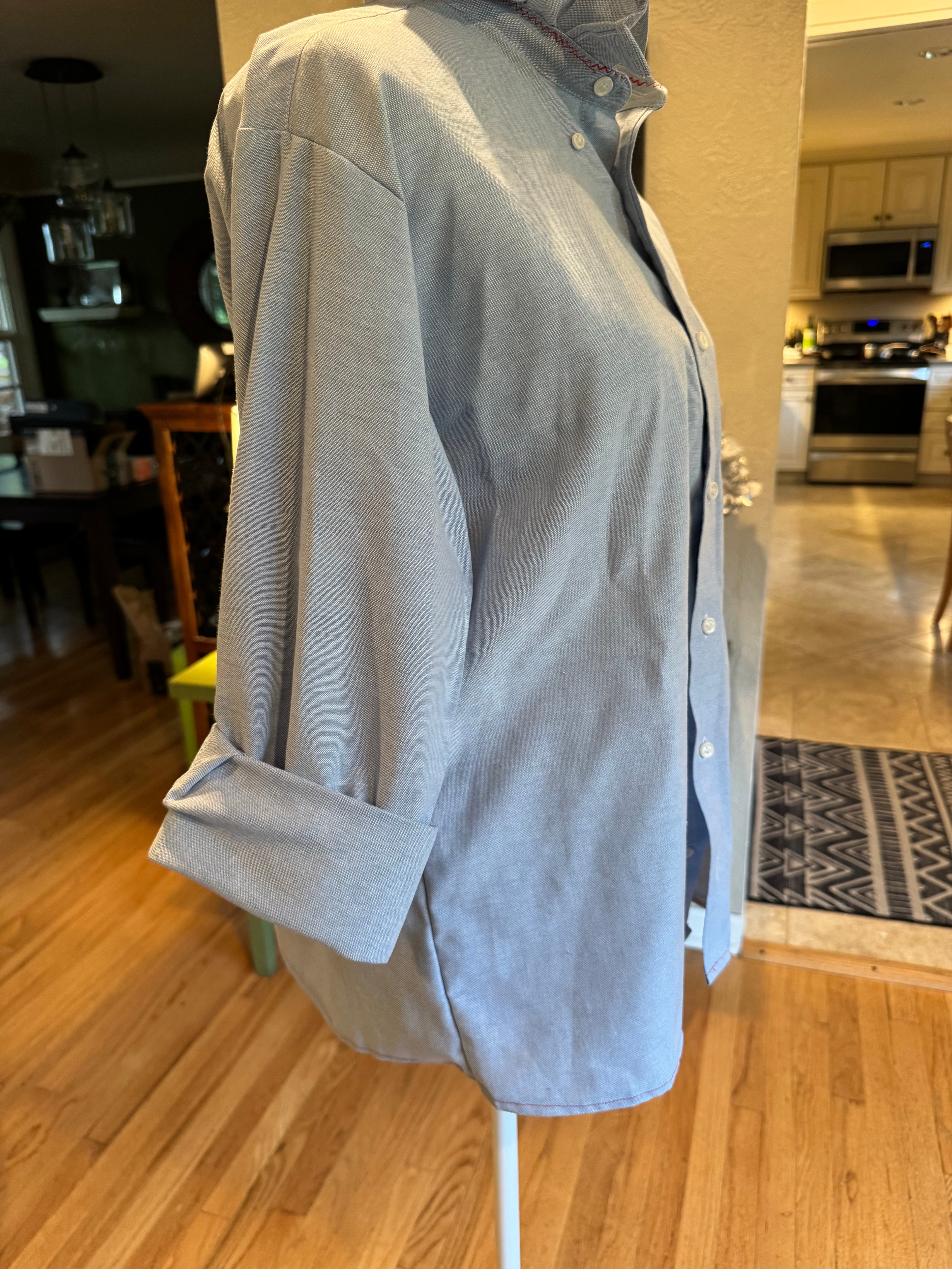 SOLD Celeste - Stafford Upcycled Mens Ruffle Collar Dress Shirt - Light Blue Chambray - Size  M/L