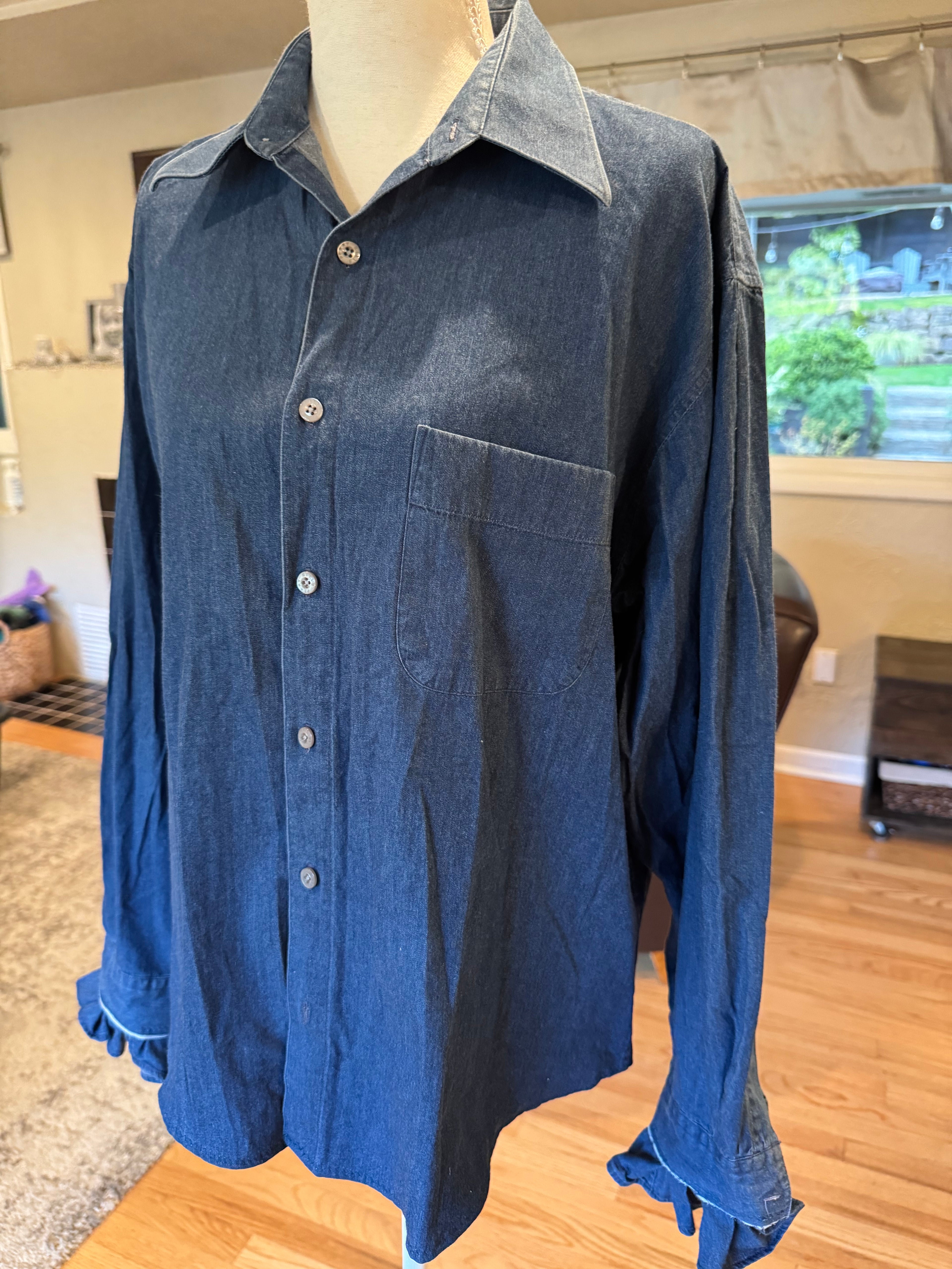 SOLD Devon - Perry Ellis Cottons Upcycled Mens Dress shirt with Ruffle Sleeves - Denim Size XL