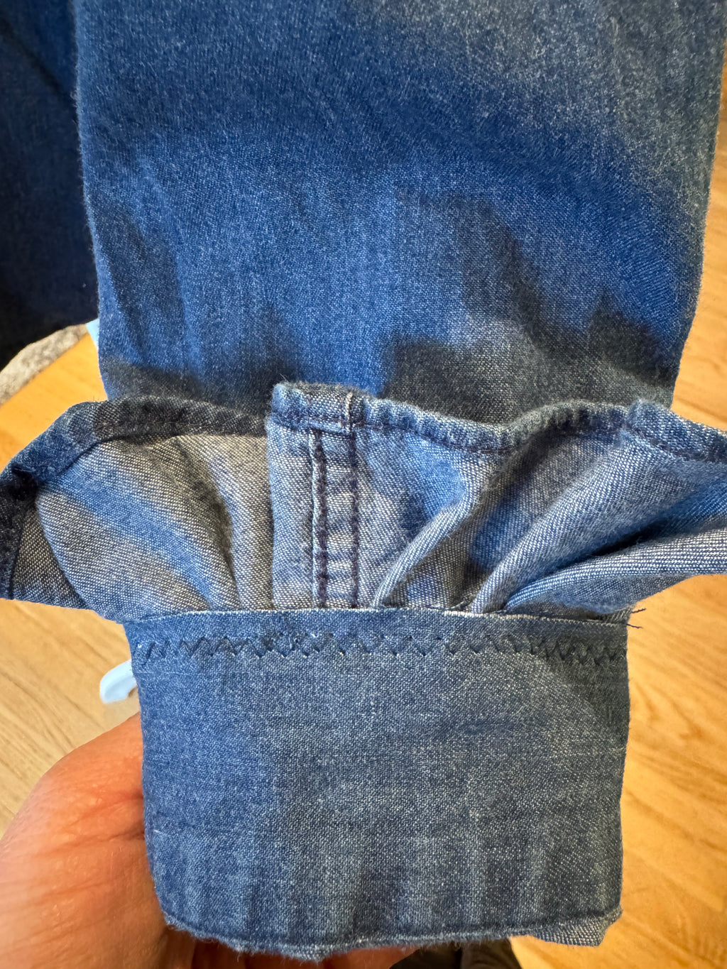 SOLD Devon - Perry Ellis Cottons Upcycled Mens Dress shirt with Ruffle Sleeves - Denim Size XL