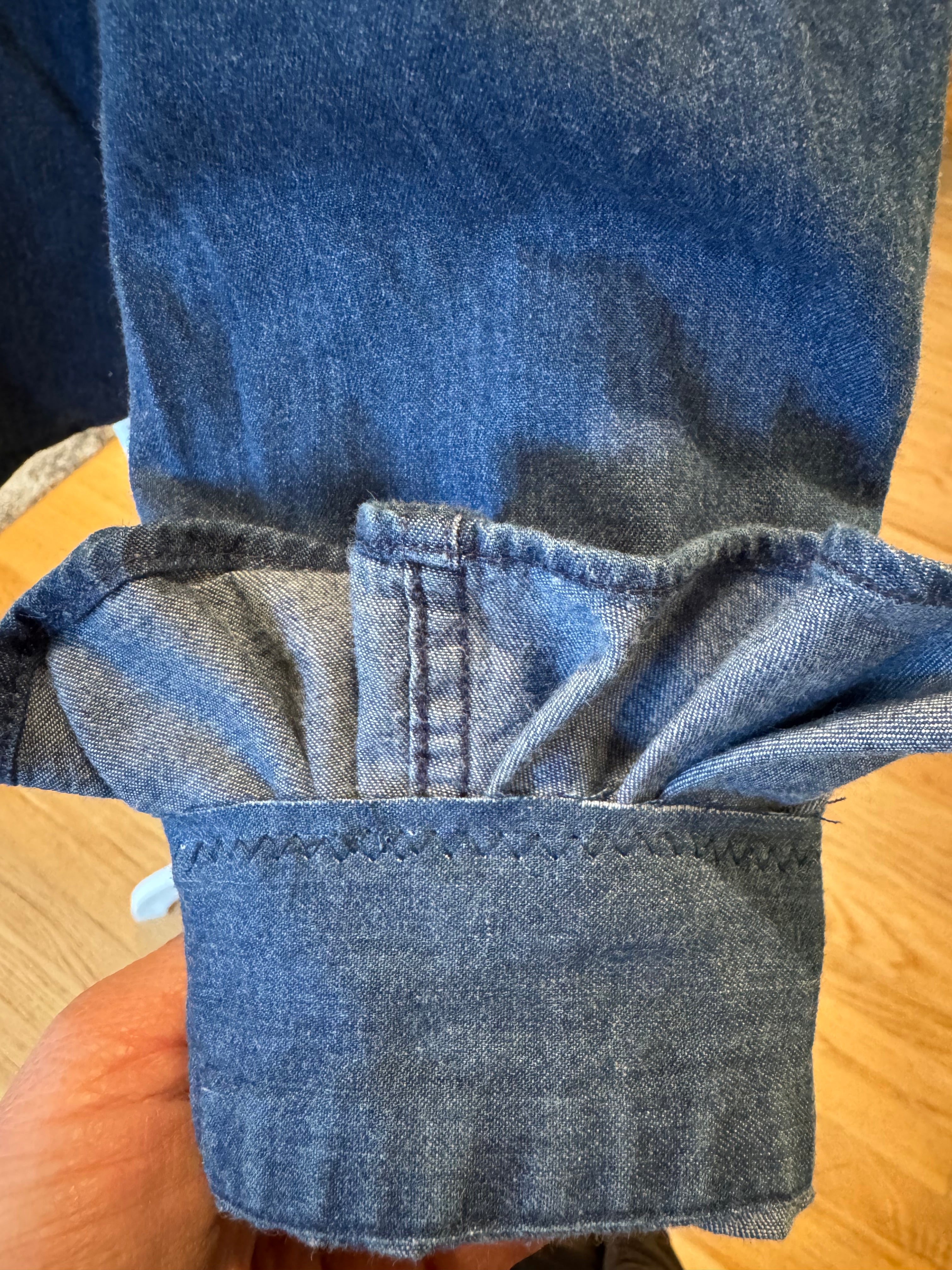 SOLD Devon - Perry Ellis Cottons Upcycled Mens Dress shirt with Ruffle Sleeves - Denim Size XL