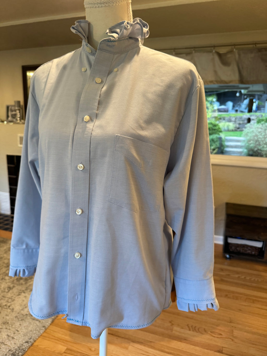 SOLD Beatrice - Stafford Upcycled Mens' Ruffle Collar and Sleeve Shirt - Light blue Chambray - Size Small