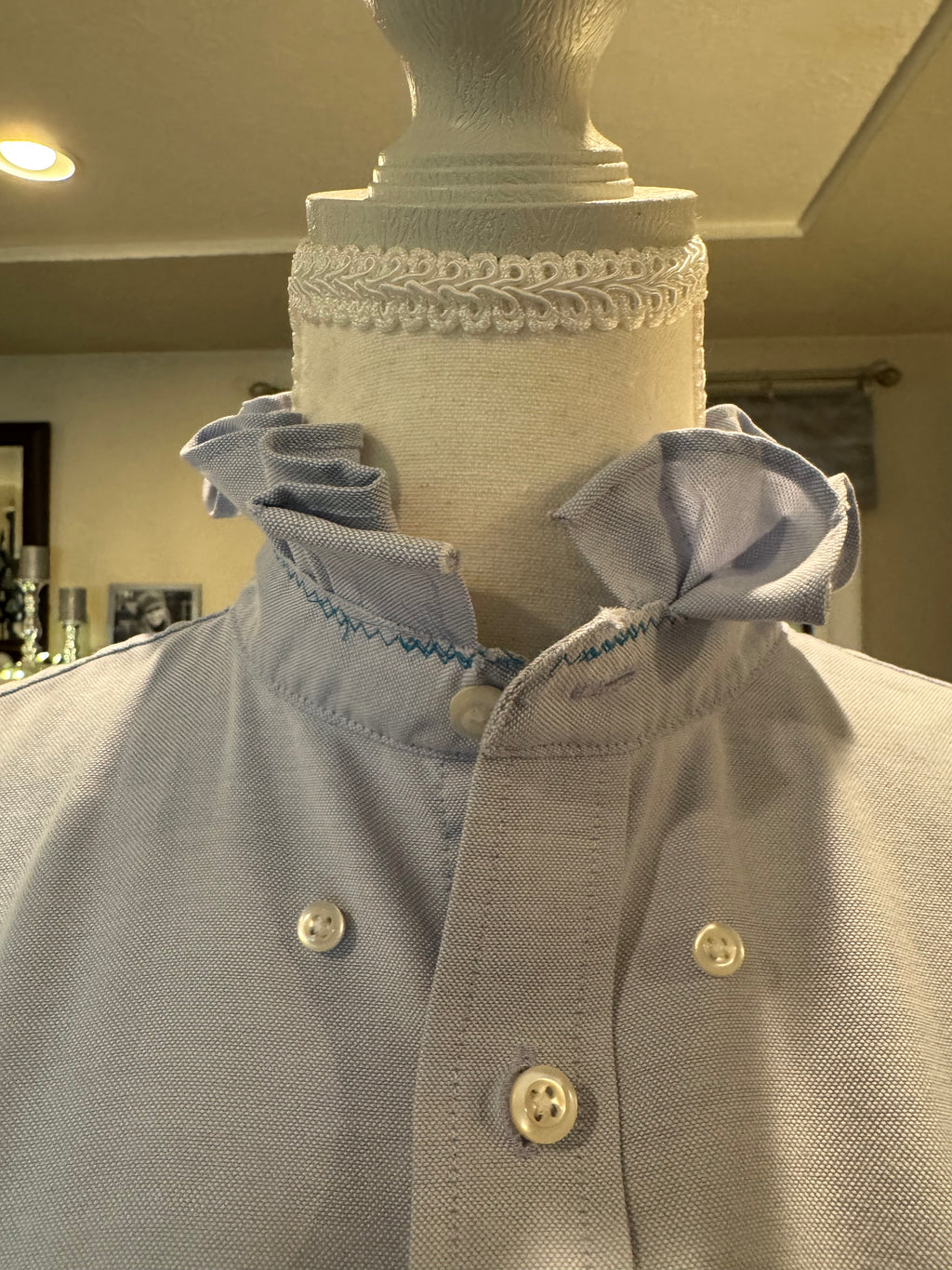 SOLD Beatrice - Stafford Upcycled Mens' Ruffle Collar and Sleeve Shirt - Light blue Chambray - Size Small