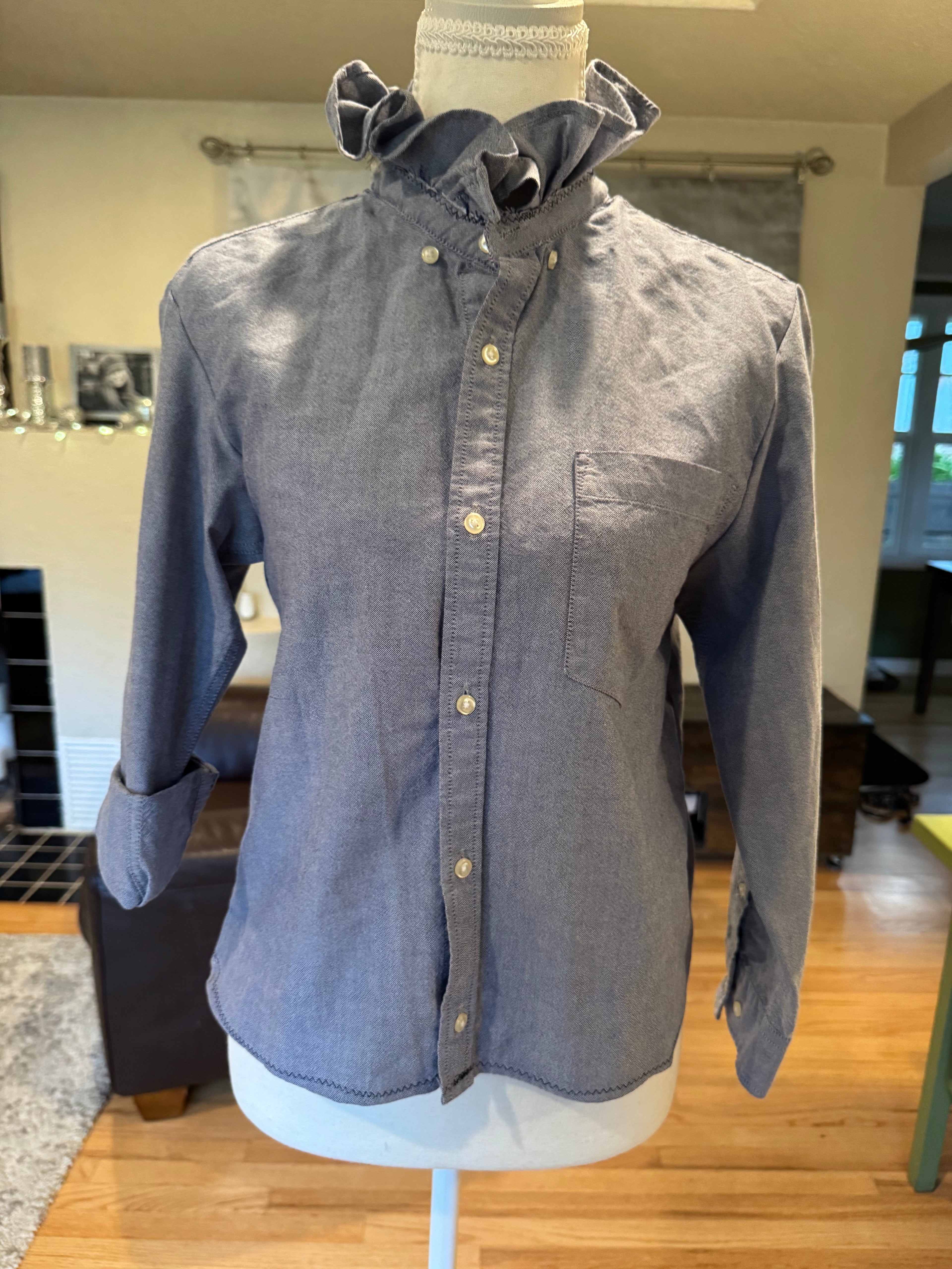 SOLD Kora - F&F Mens Upcycled Ruffle Collar Shirt - Navy Chambray - Size Small