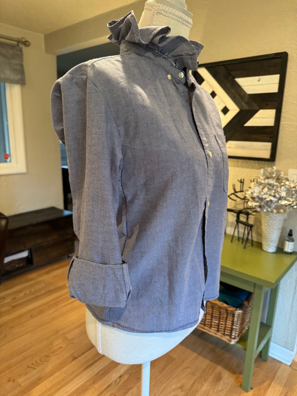 SOLD Kora - F&F Mens Upcycled Ruffle Collar Shirt - Navy Chambray - Size Small