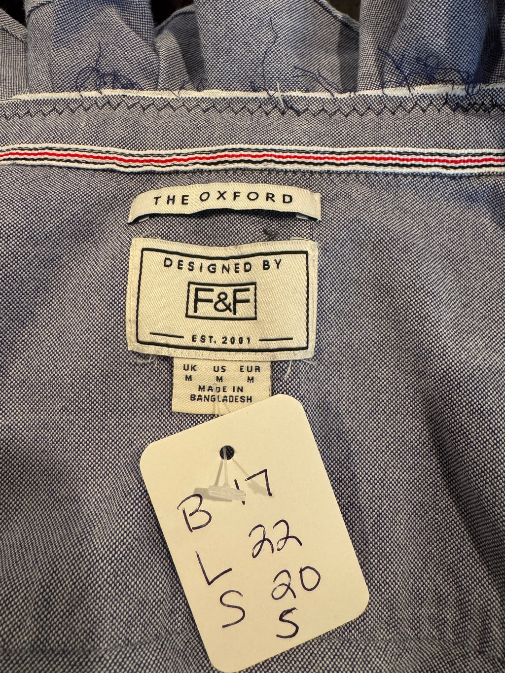 SOLD Kora - F&F Mens Upcycled Ruffle Collar Shirt - Navy Chambray - Size Small