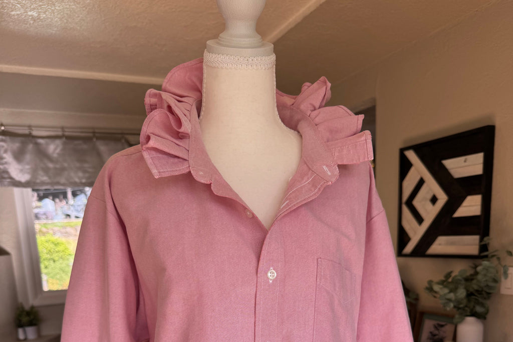 SOLD Daphne - LL Bean Upcycled Mens Ruffle Collar Shirt - pink Chambray - Size Medium/Large
