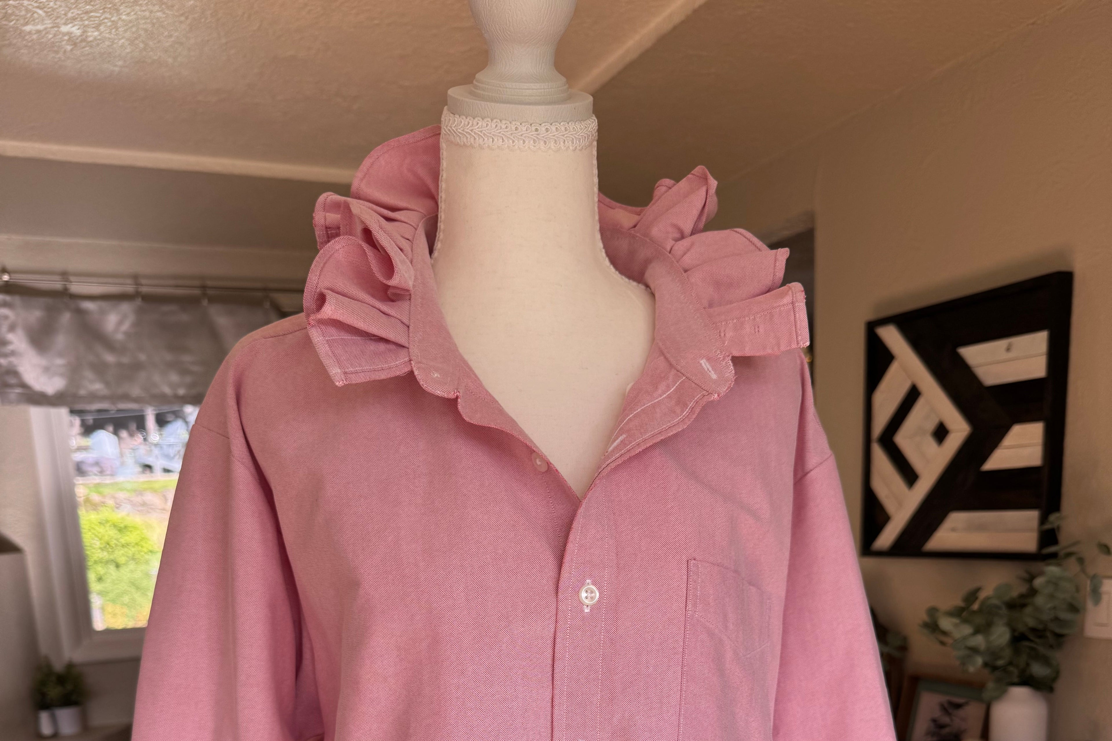 SOLD Daphne - LL Bean Upcycled Mens Ruffle Collar Shirt - pink Chambray - Size Medium/Large