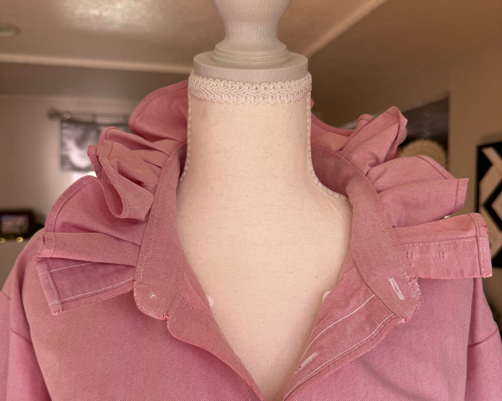 SOLD Daphne - LL Bean Upcycled Mens Ruffle Collar Shirt - pink Chambray - Size Medium/Large