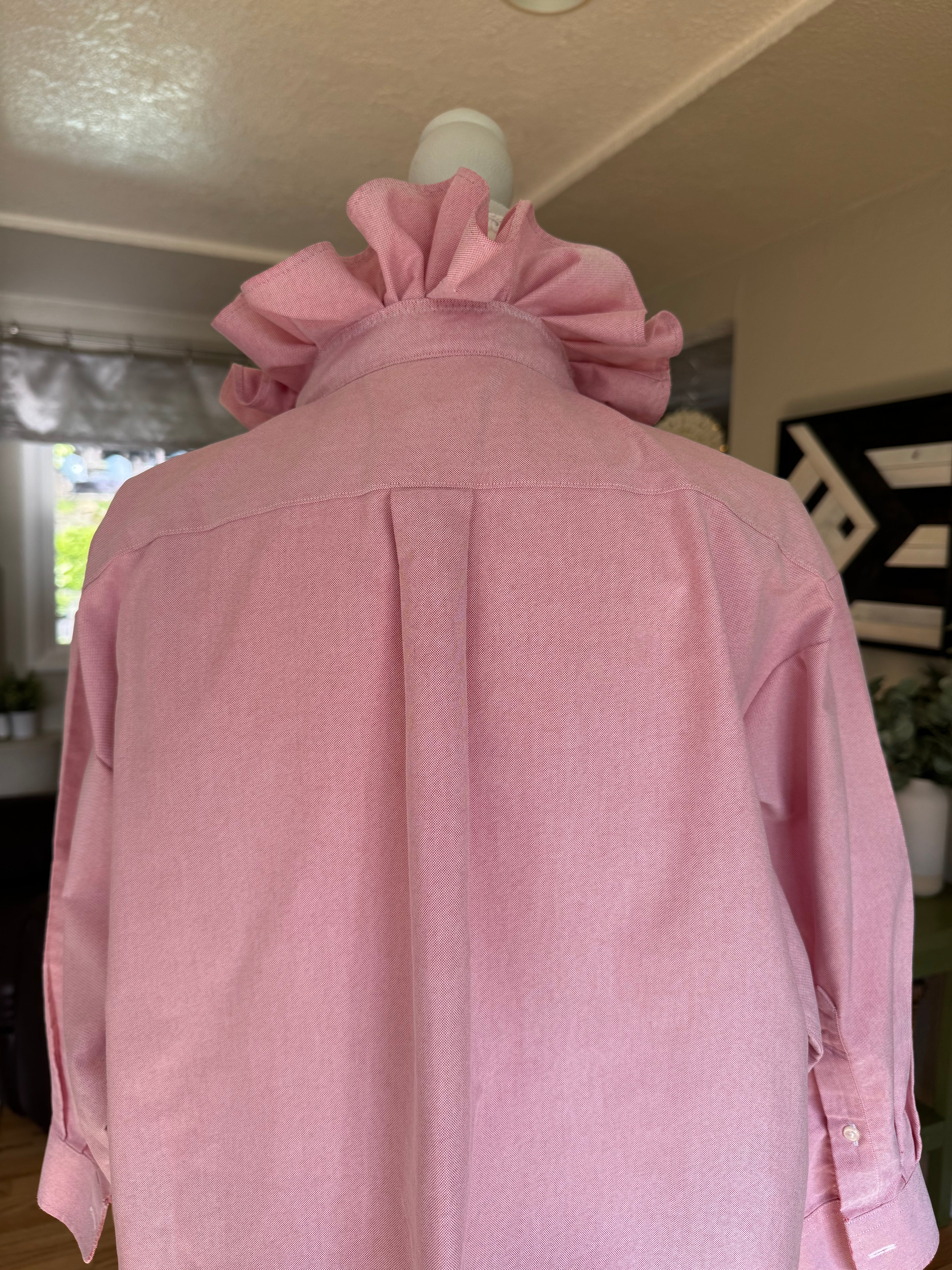 SOLD Daphne - LL Bean Upcycled Mens Ruffle Collar Shirt - pink Chambray - Size Medium/Large
