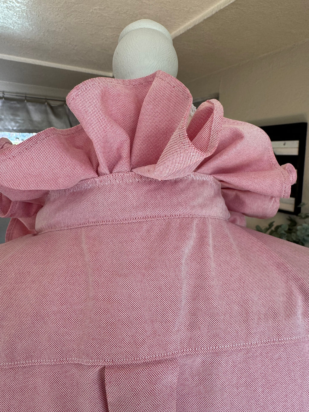 SOLD Daphne - LL Bean Upcycled Mens Ruffle Collar Shirt - pink Chambray - Size Medium/Large