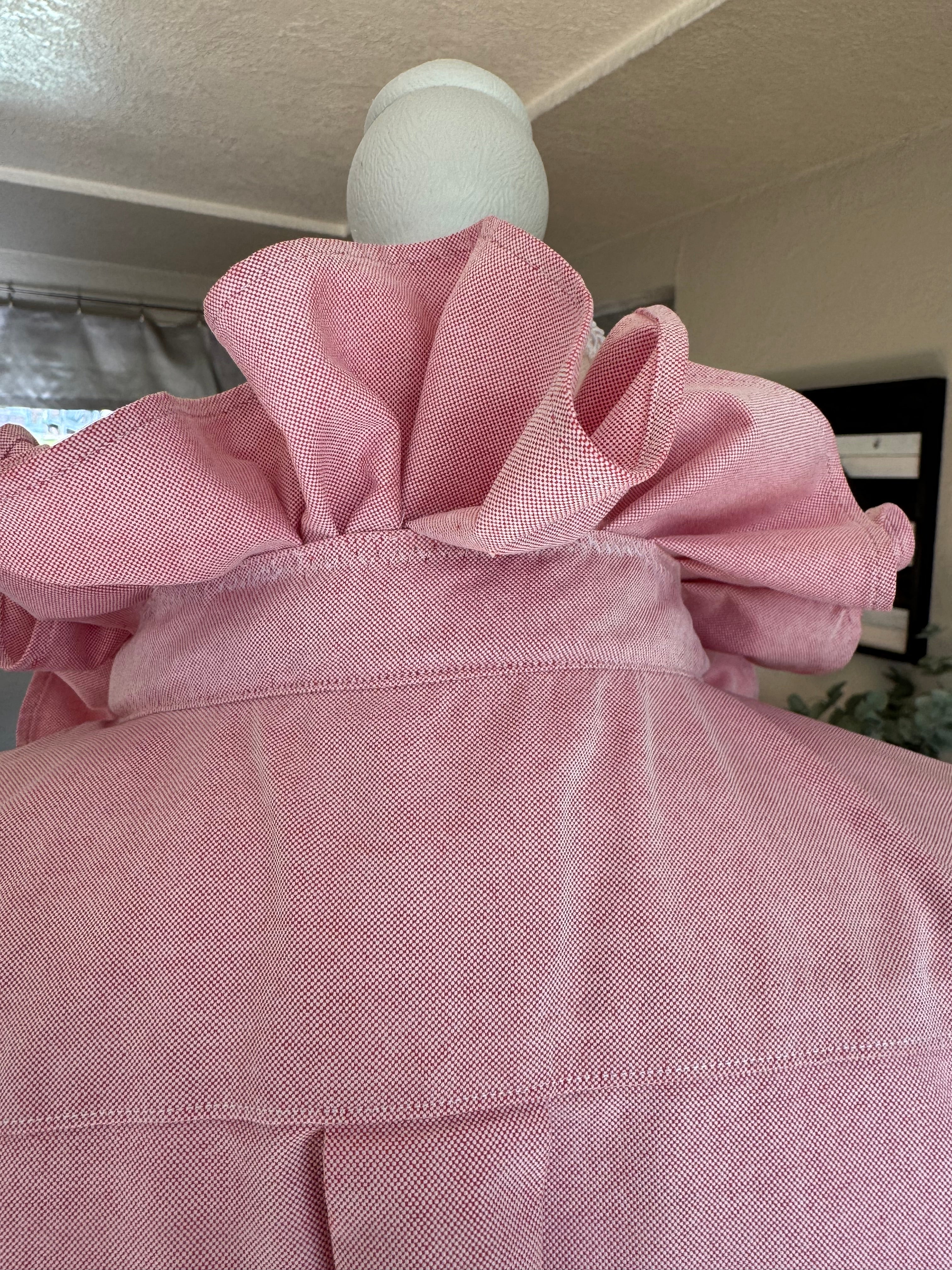 SOLD Daphne - LL Bean Upcycled Mens Ruffle Collar Shirt - pink Chambray - Size Medium/Large