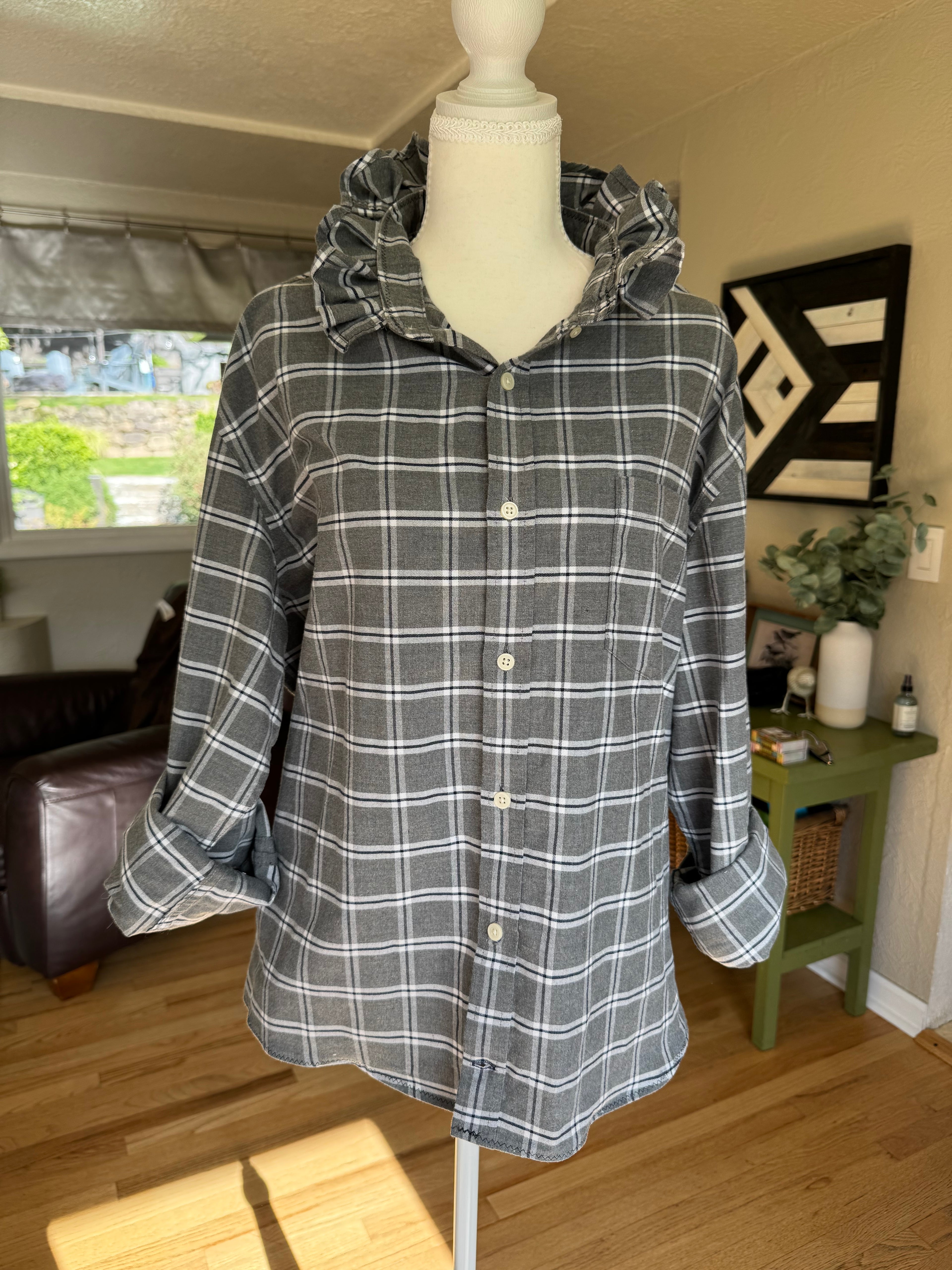 SOLD Denver - St Johns Bay Upcycled Mens Ruffle Collar Shirt - gray plaid - Size XL