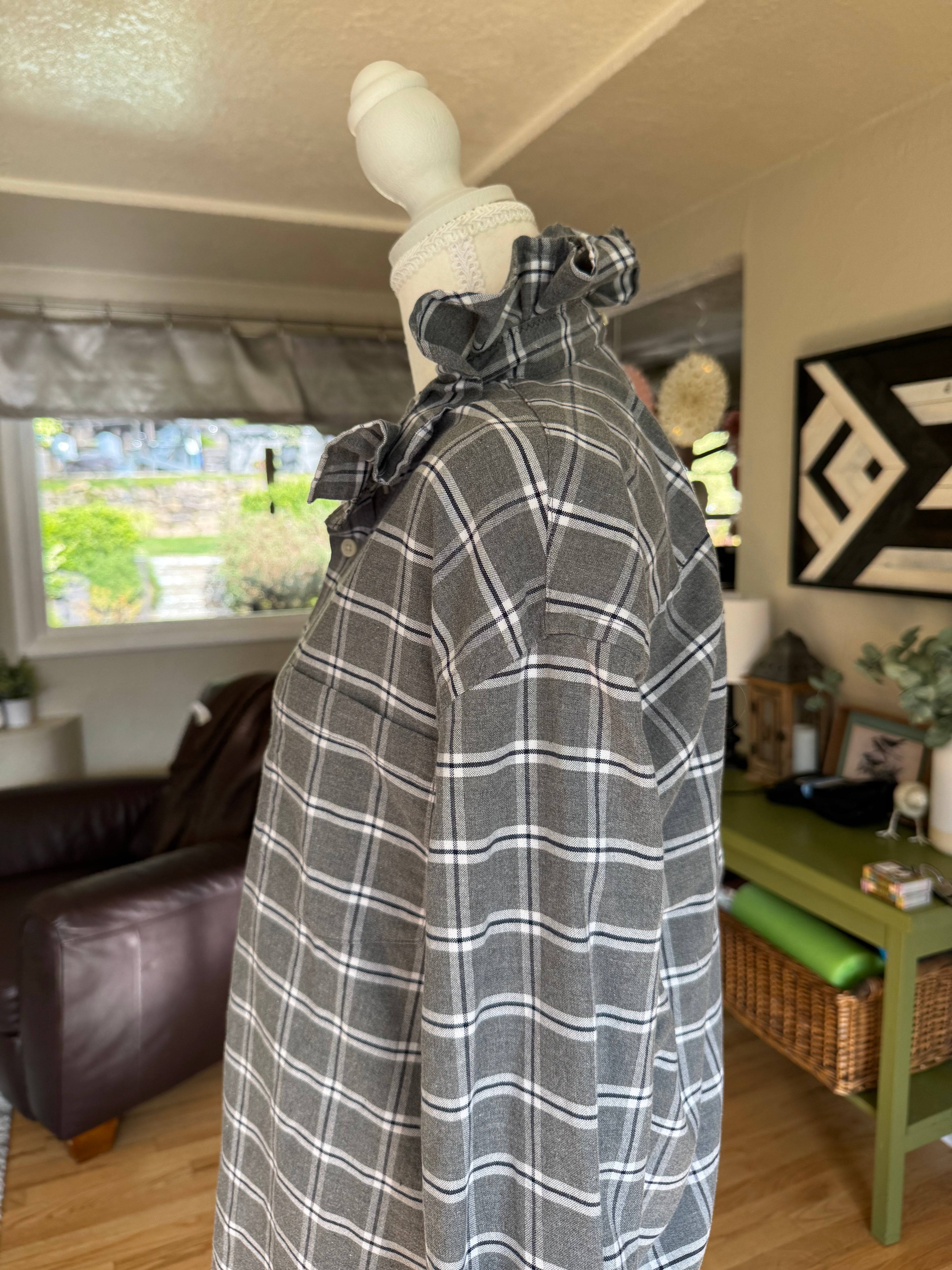 SOLD Denver - St Johns Bay Upcycled Mens Ruffle Collar Shirt - gray plaid - Size XL