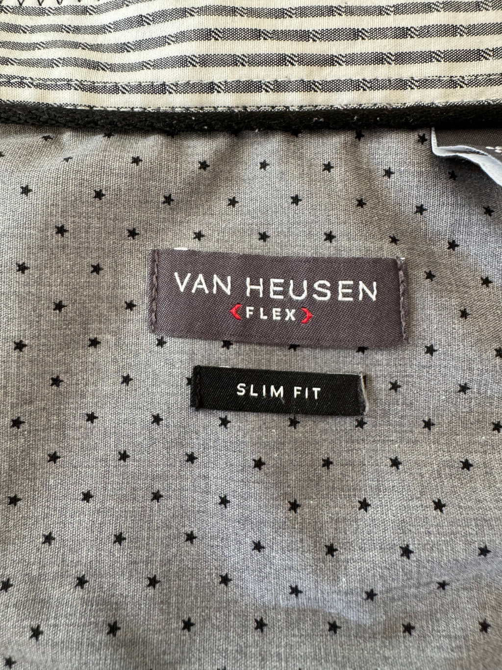 Demi - Van Heusen Upcycled Mens Ruffle Collar Shirt - gray with black stars - Size Medium/Large