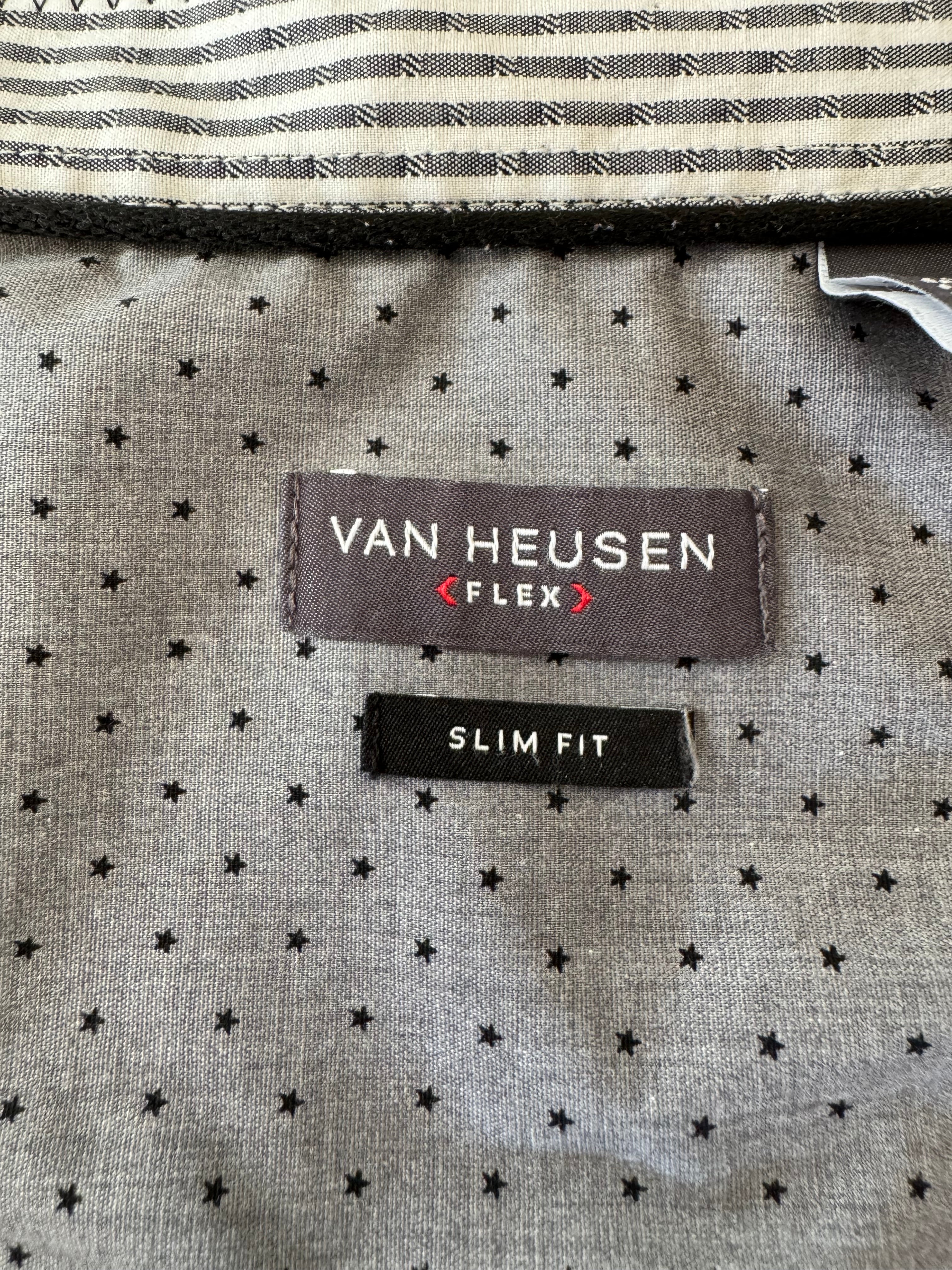Demi - Van Heusen Upcycled Mens Ruffle Collar Shirt - gray with black stars - Size Medium/Large