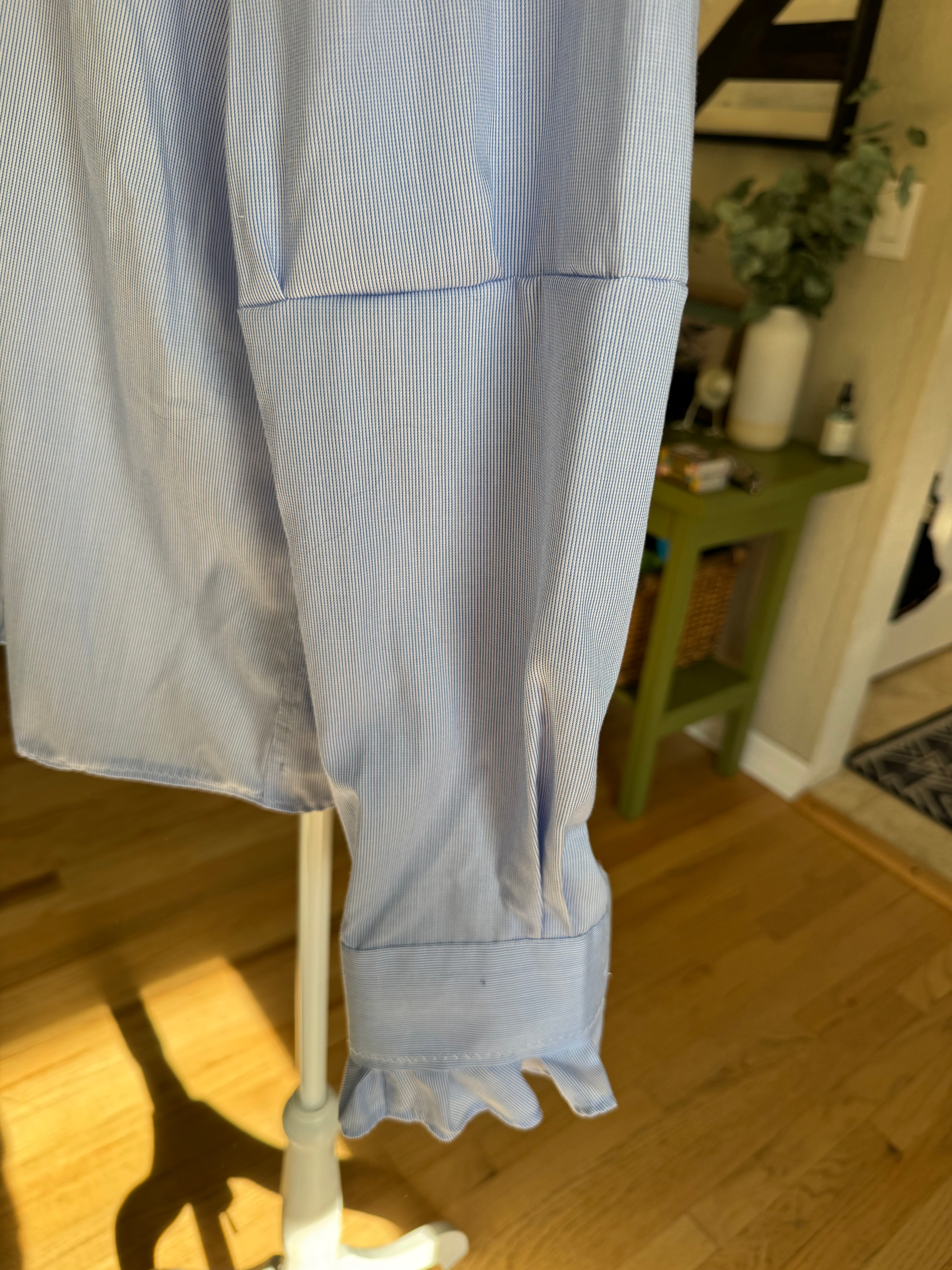 Knox - Tommy Hilfiger Upcycled Mens Ruffle Sleeve Shirt - light blue pinstripe - Size Medium/Large