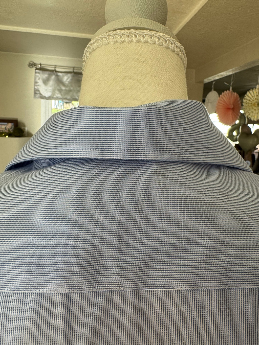 Knox - Tommy Hilfiger Upcycled Mens Ruffle Sleeve Shirt - light blue pinstripe - Size Medium/Large