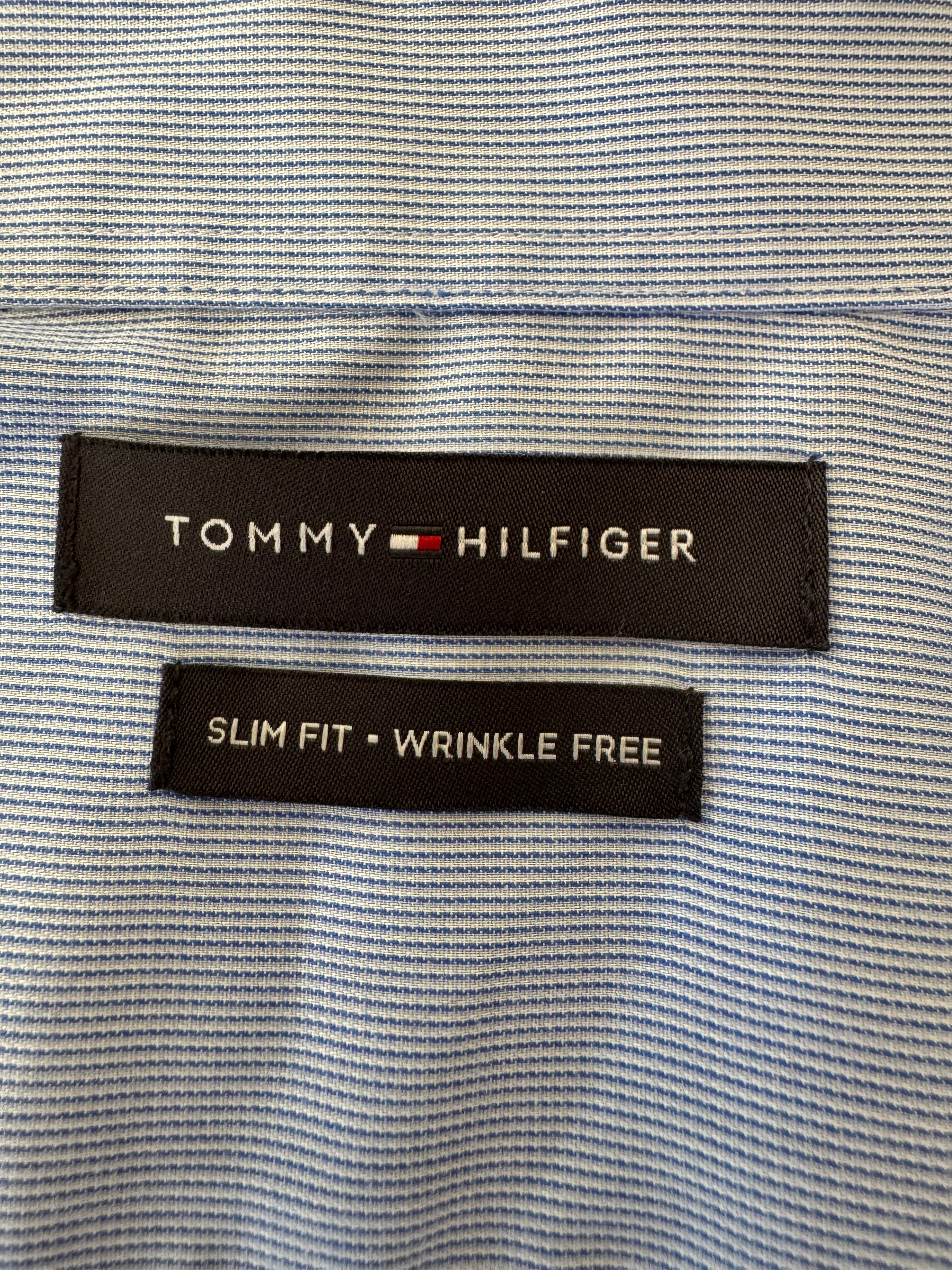 Knox - Tommy Hilfiger Upcycled Mens Ruffle Sleeve Shirt - light blue pinstripe - Size Medium/Large