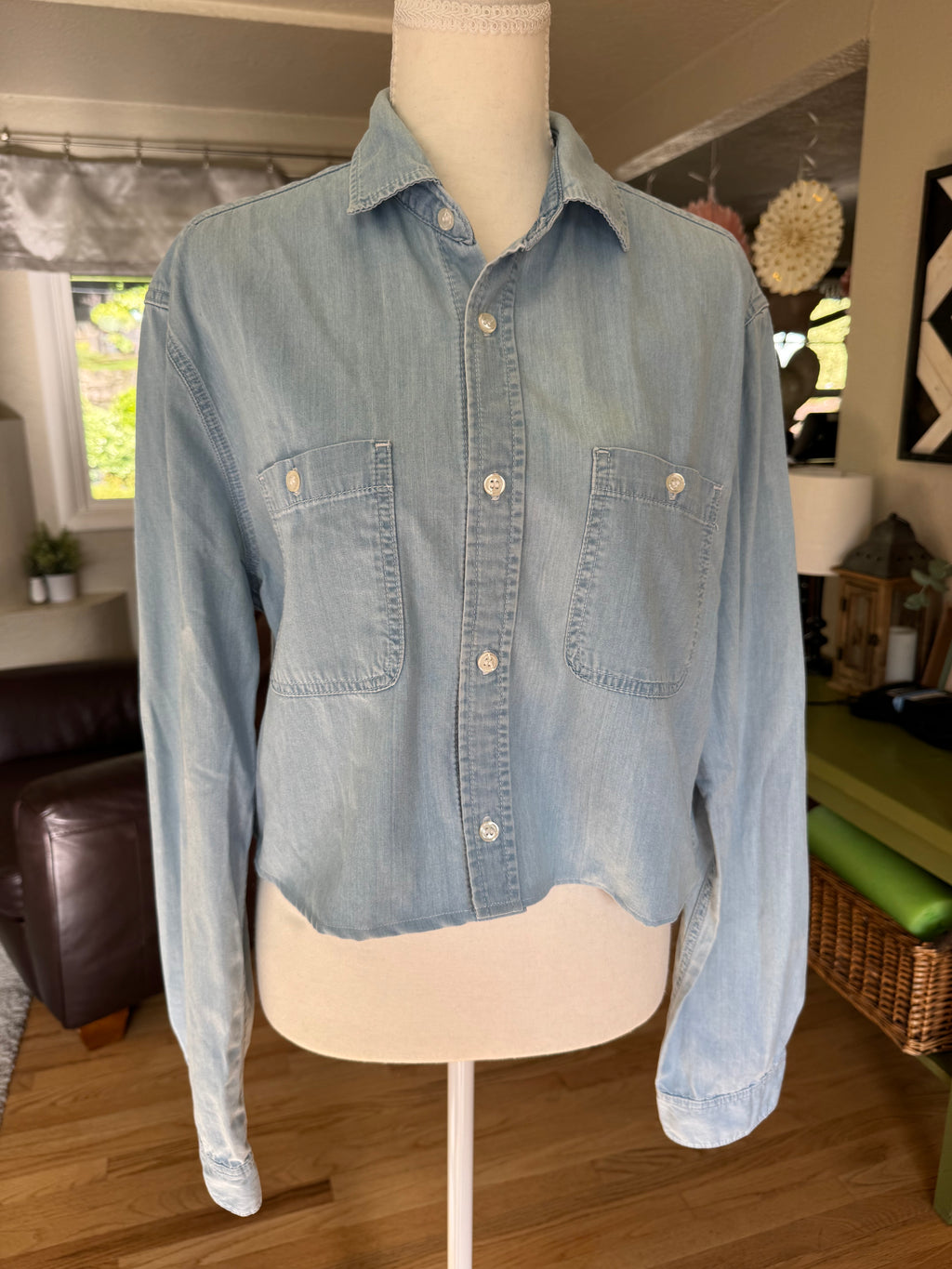 SOLD Cassie - H&M Upcycled Mens Cropped Shirt - Denim - Size Large/Extra Large