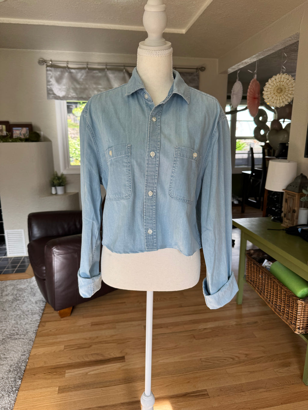 SOLD Cassie - H&M Upcycled Mens Cropped Shirt - Denim - Size Large/Extra Large
