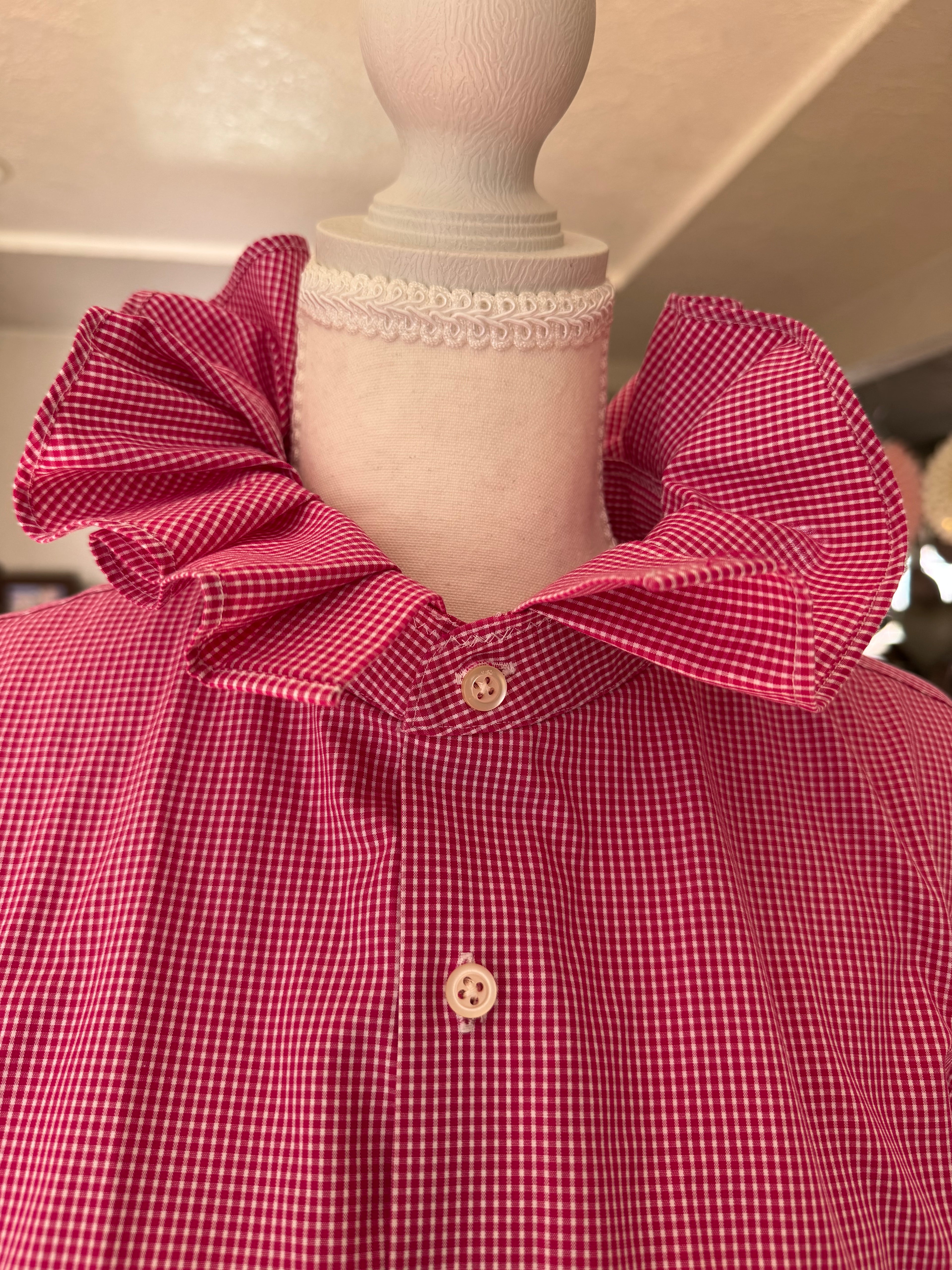 SOLD Etta - Banana Republic Upcycled Mens Ruffle Collar Shirt - red plaid - Size Large/XL
