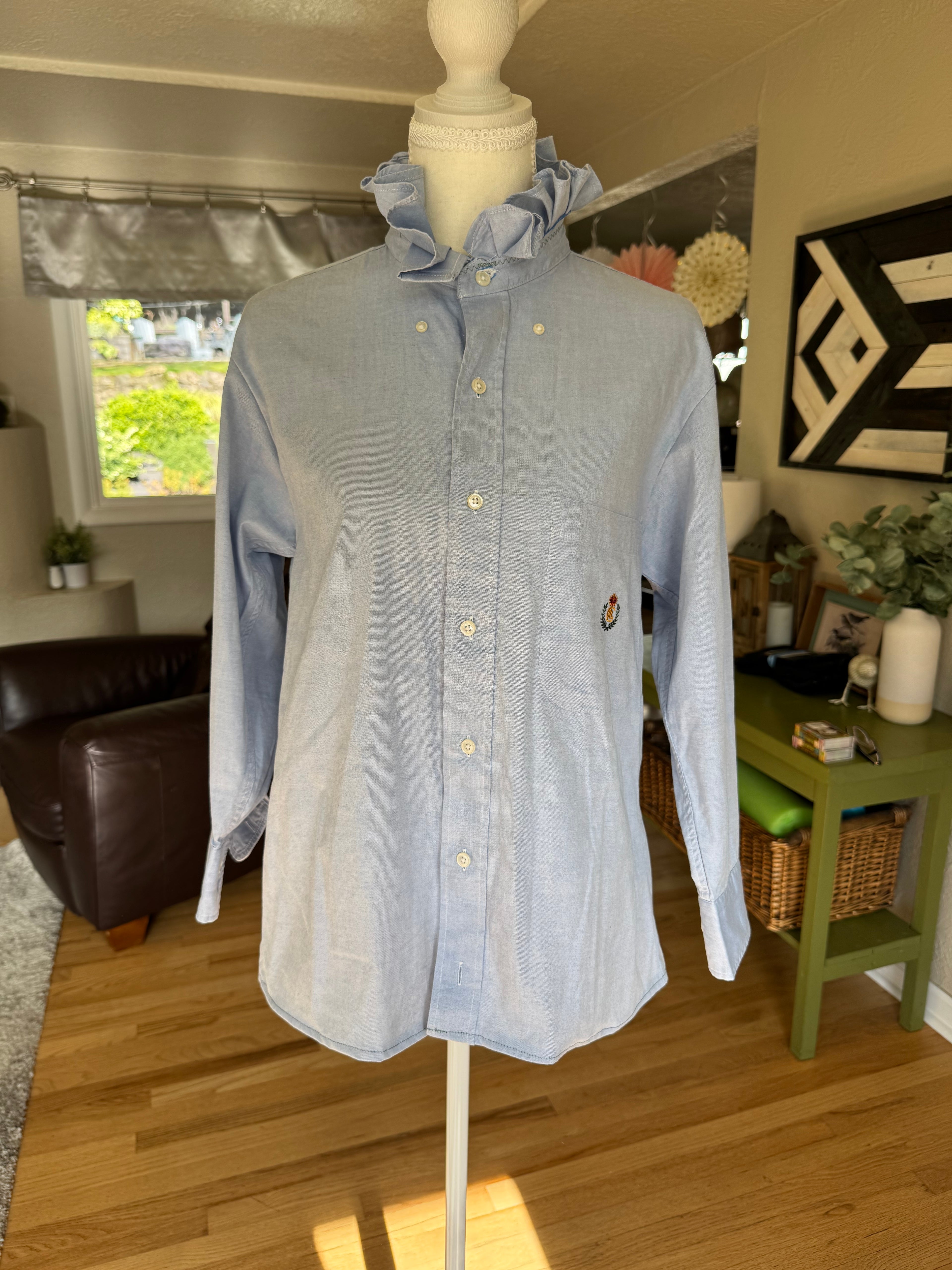 SOLD Brinley - Chaps Ralph Lauren Upcycled Mens Ruffle Collar Shirt - light blue chambray - Size Small/Medium