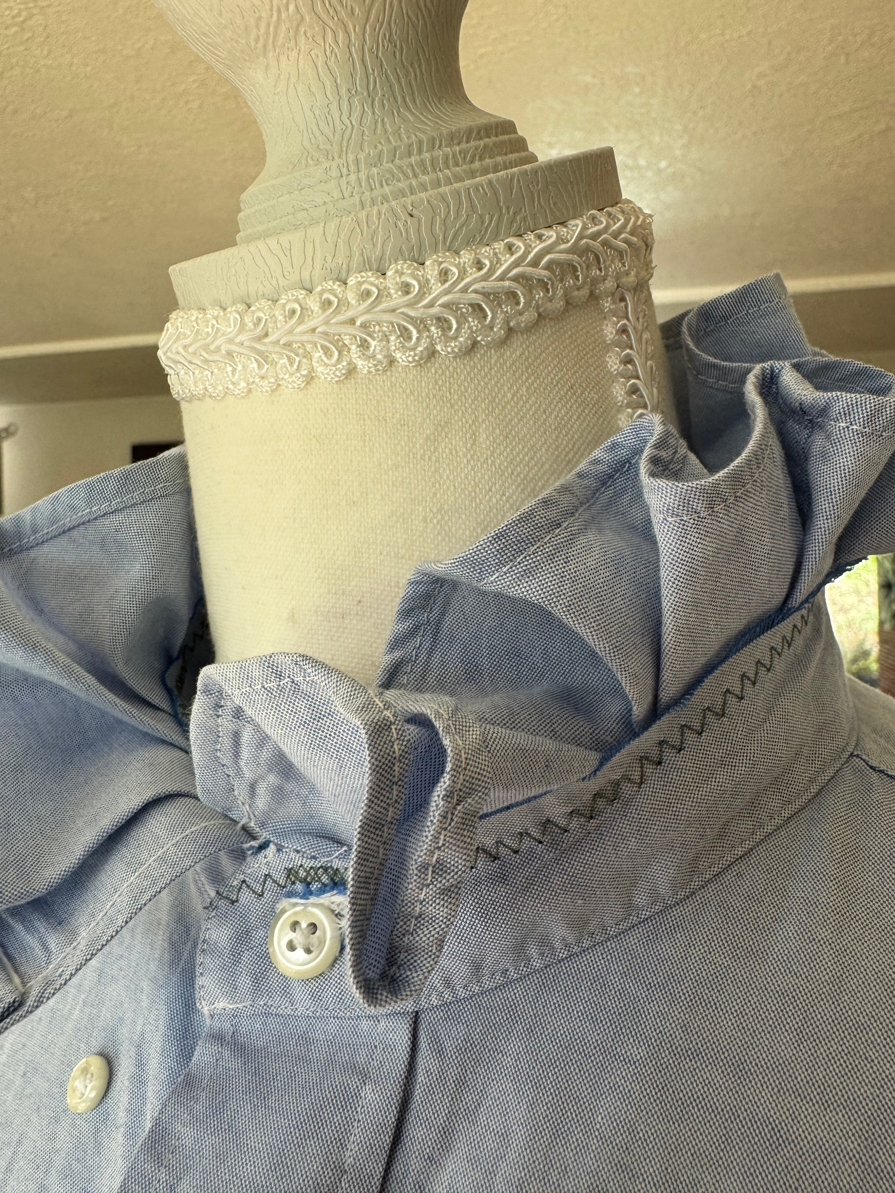 SOLD Brinley - Chaps Ralph Lauren Upcycled Mens Ruffle Collar Shirt - light blue chambray - Size Small/Medium