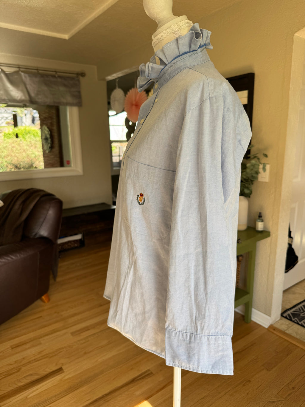 SOLD Brinley - Chaps Ralph Lauren Upcycled Mens Ruffle Collar Shirt - light blue chambray - Size Small/Medium
