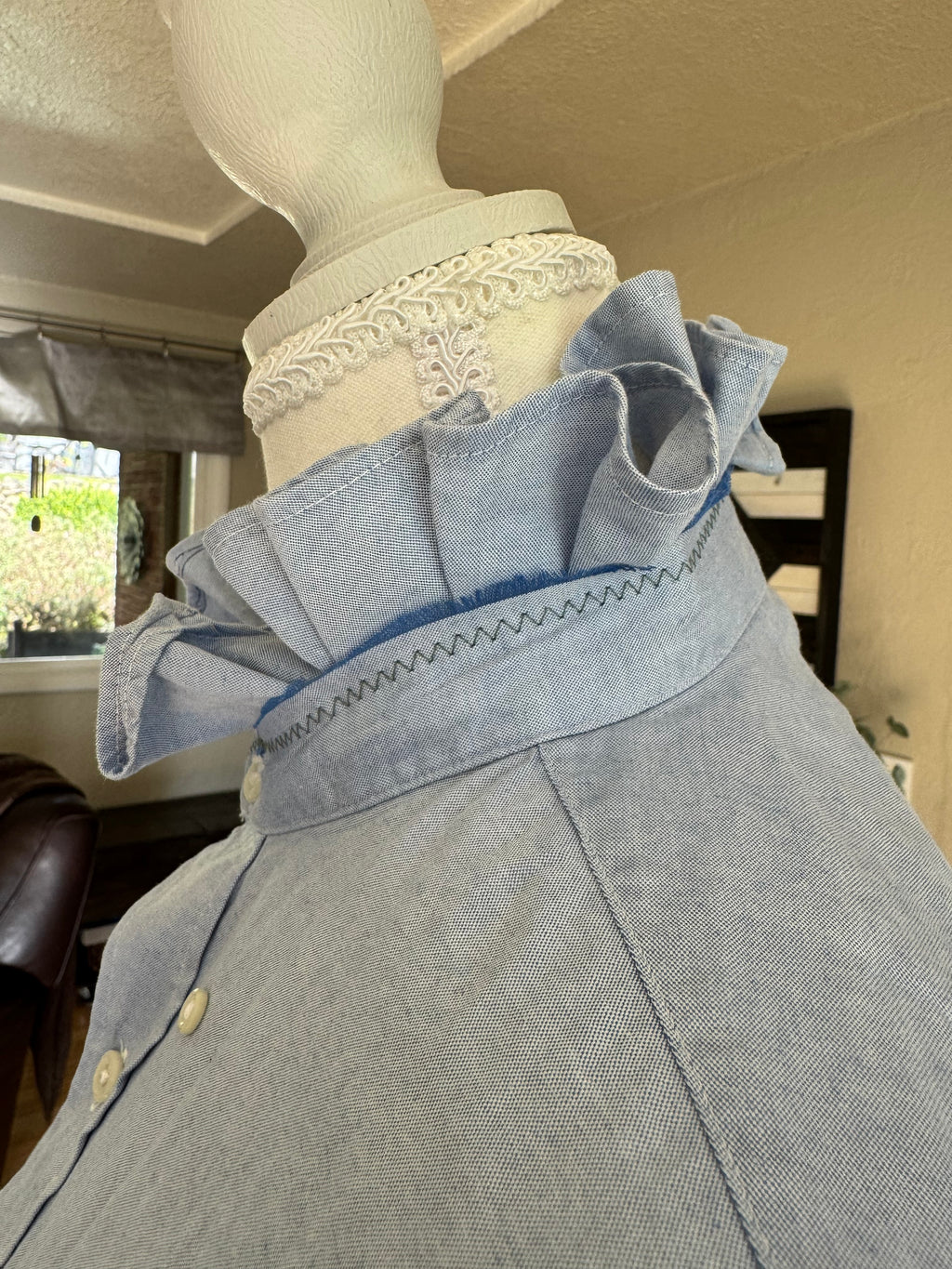 SOLD Brinley - Chaps Ralph Lauren Upcycled Mens Ruffle Collar Shirt - light blue chambray - Size Small/Medium
