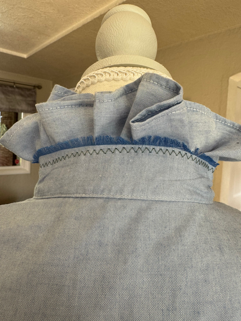 SOLD Brinley - Chaps Ralph Lauren Upcycled Mens Ruffle Collar Shirt - light blue chambray - Size Small/Medium