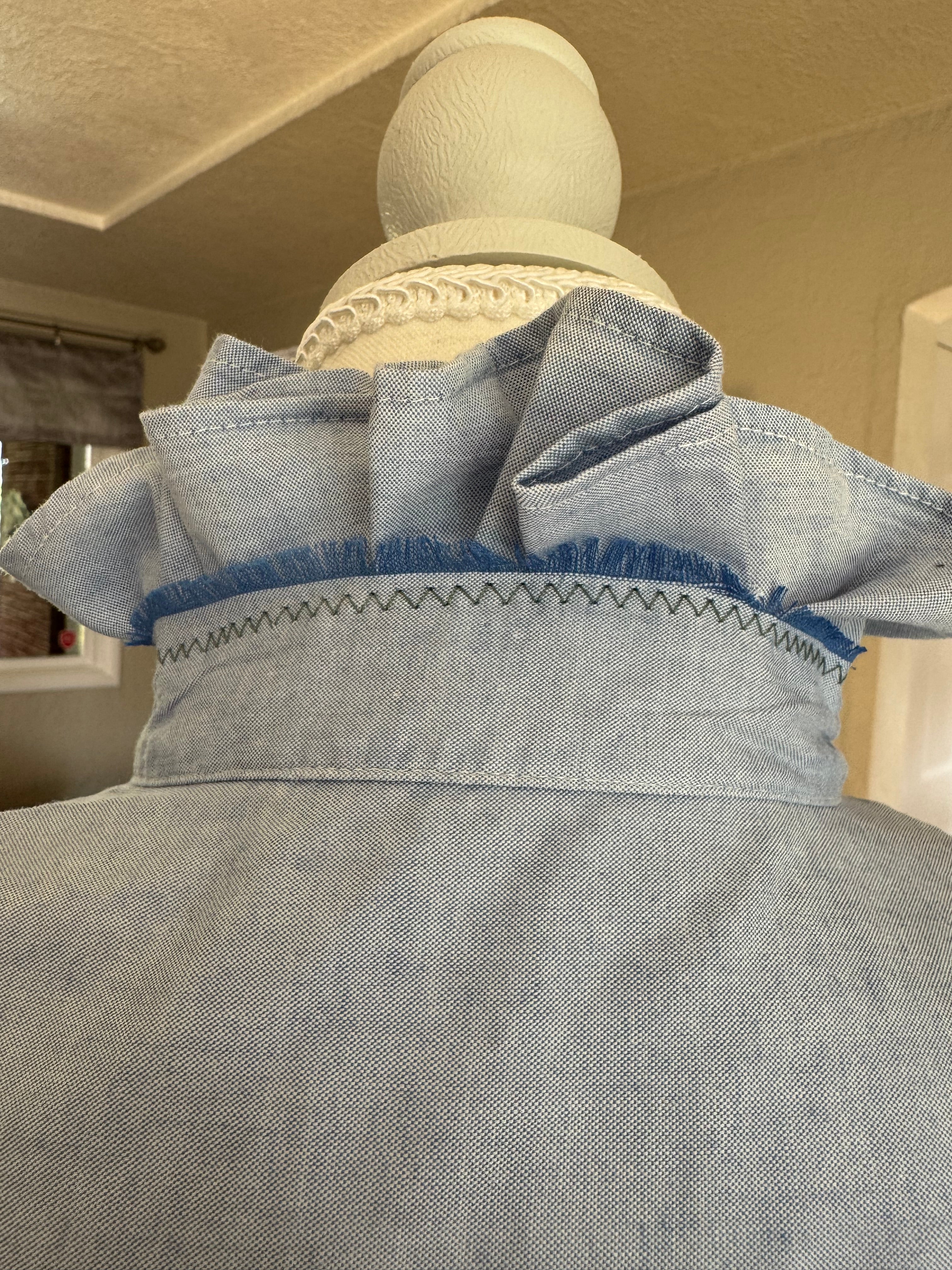 SOLD Brinley - Chaps Ralph Lauren Upcycled Mens Ruffle Collar Shirt - light blue chambray - Size Small/Medium