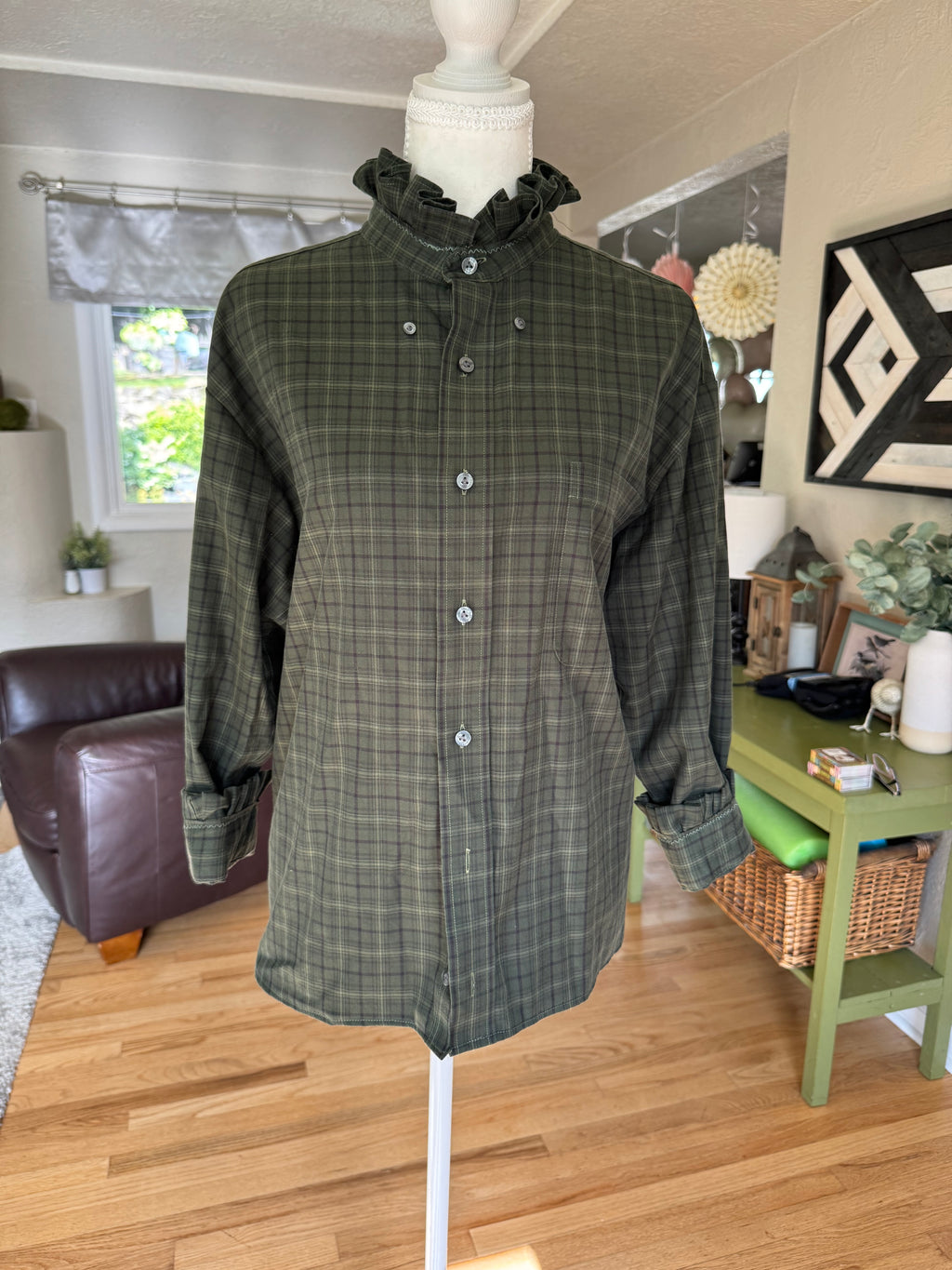 SOLD Cassidy - Hathaway Upcycled Mens Ruffle Collar and Sleeve Shirt - green plaid - Size Medium/Large
