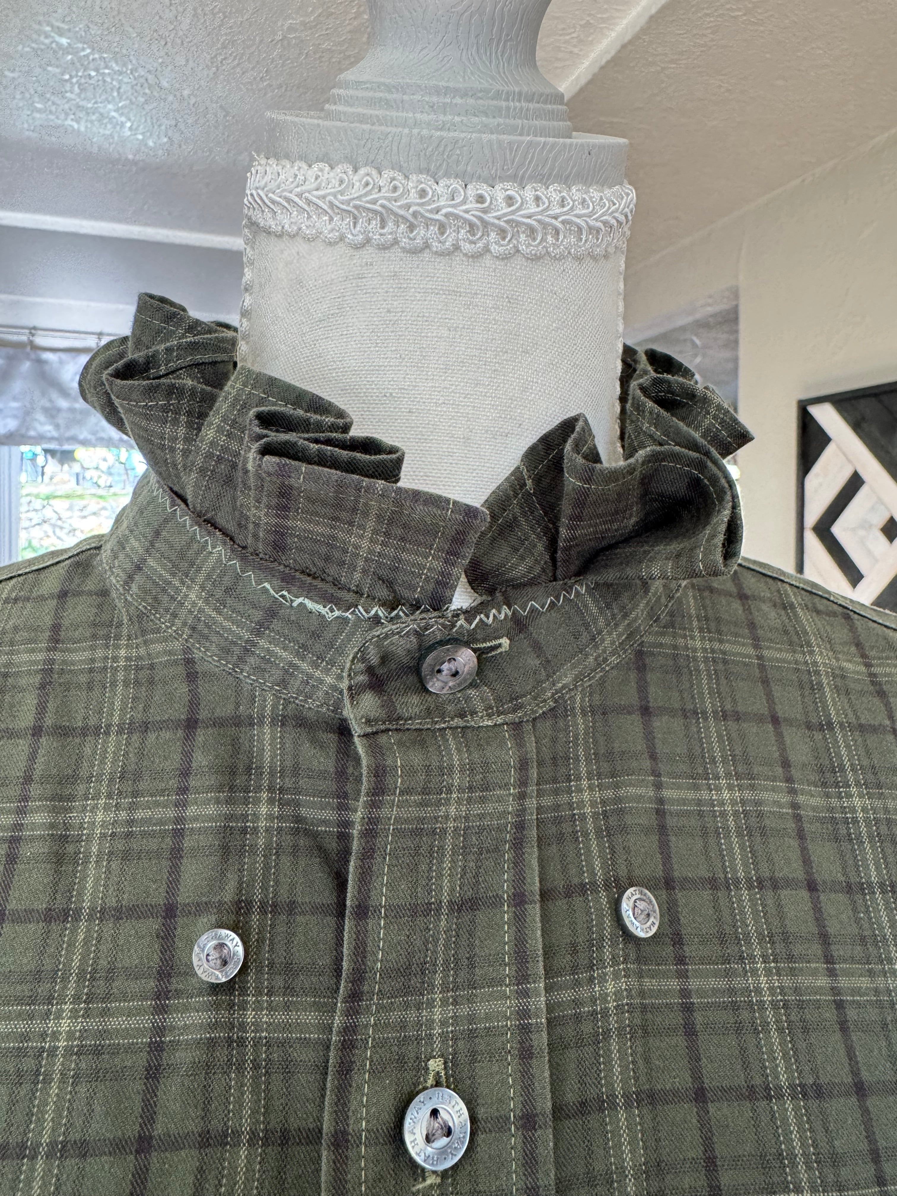 SOLD Cassidy - Hathaway Upcycled Mens Ruffle Collar and Sleeve Shirt - green plaid - Size Medium/Large