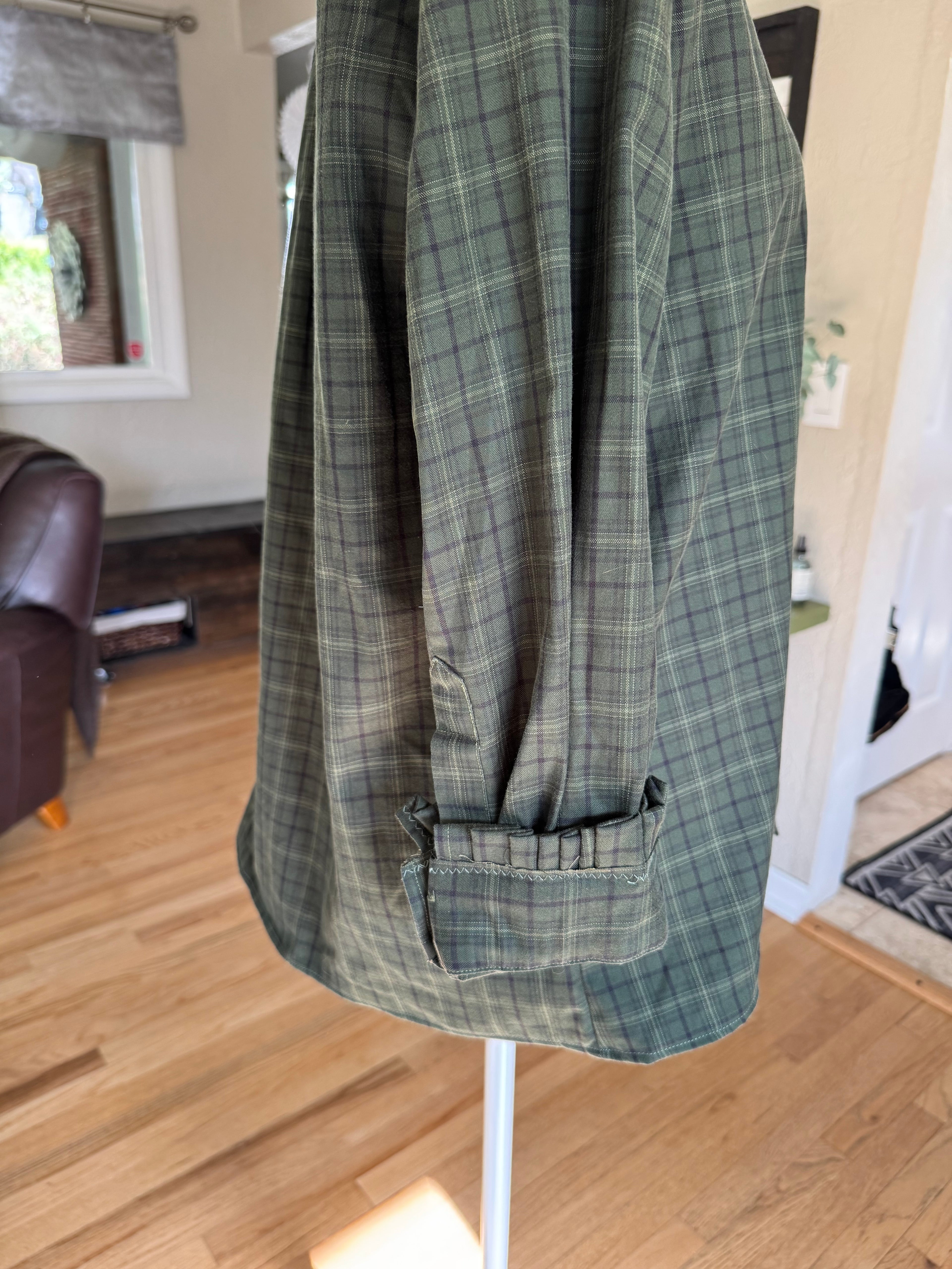 SOLD Cassidy - Hathaway Upcycled Mens Ruffle Collar and Sleeve Shirt - green plaid - Size Medium/Large