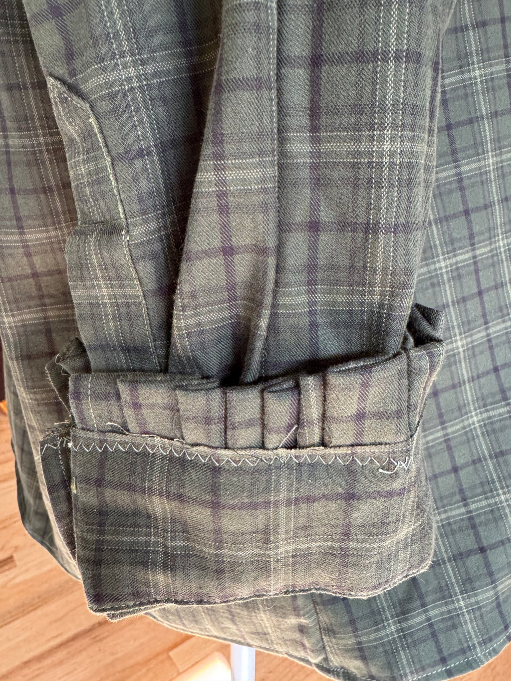 SOLD Cassidy - Hathaway Upcycled Mens Ruffle Collar and Sleeve Shirt - green plaid - Size Medium/Large