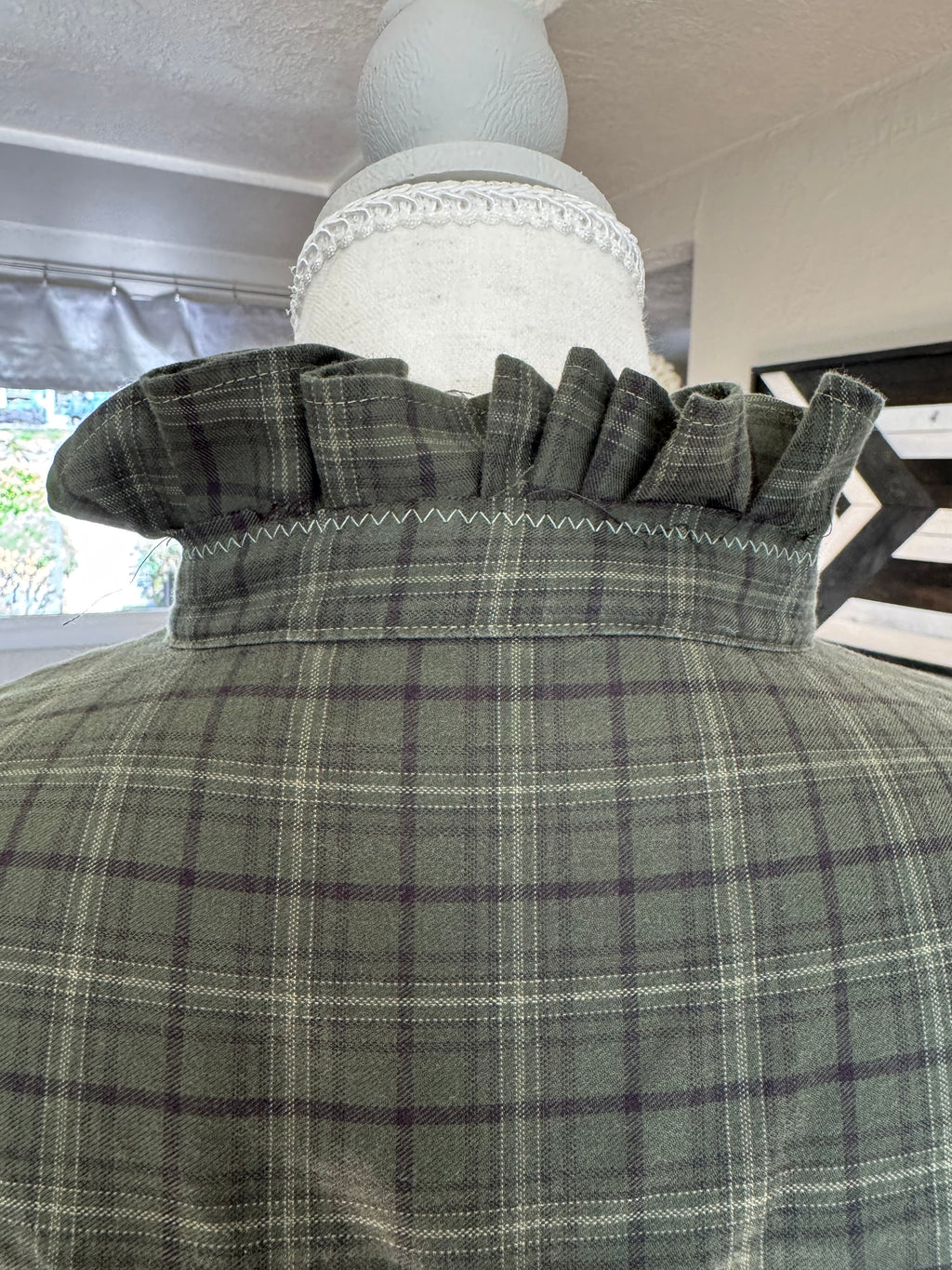 SOLD Cassidy - Hathaway Upcycled Mens Ruffle Collar and Sleeve Shirt - green plaid - Size Medium/Large
