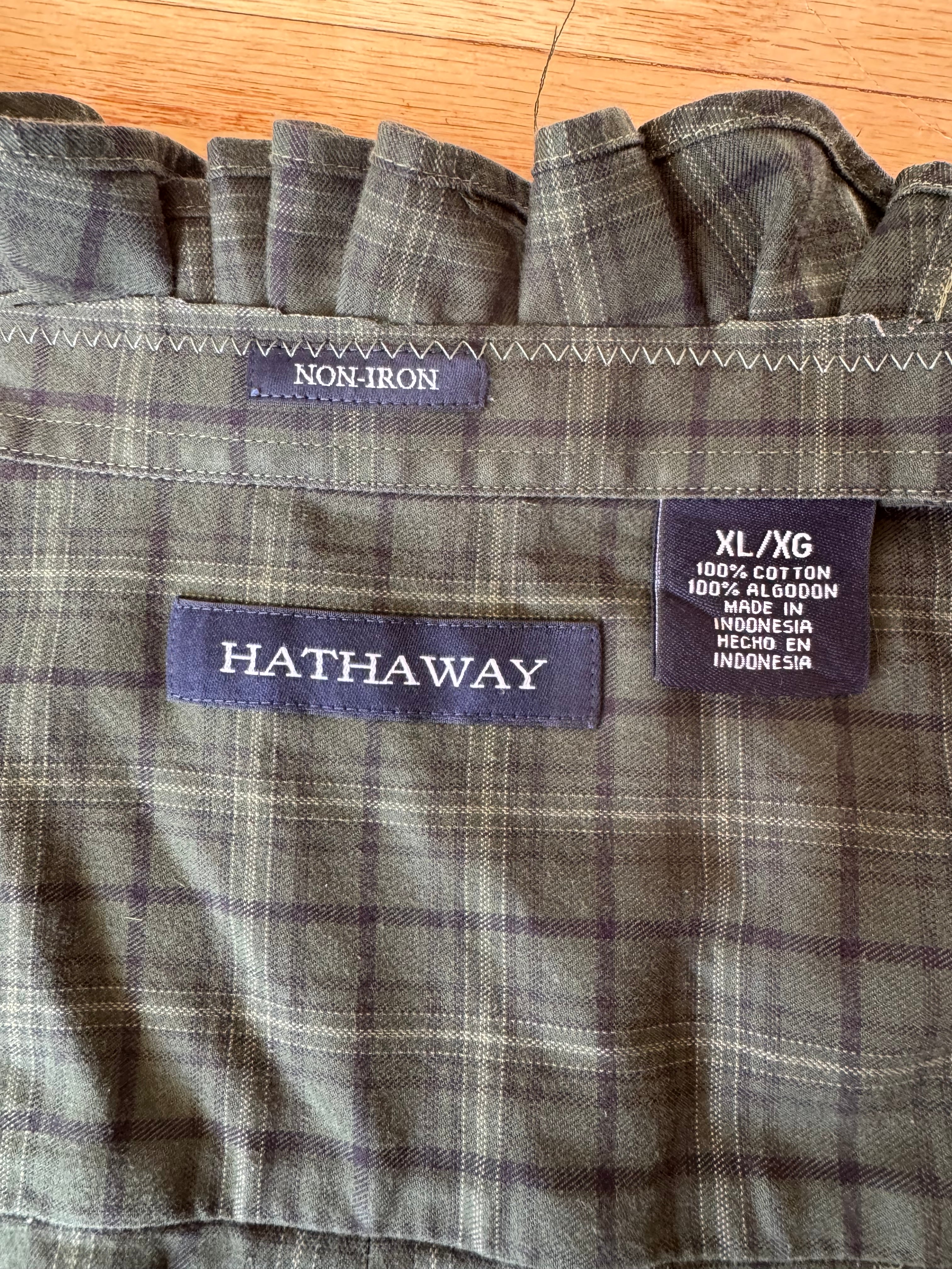 SOLD Cassidy - Hathaway Upcycled Mens Ruffle Collar and Sleeve Shirt - green plaid - Size Medium/Large