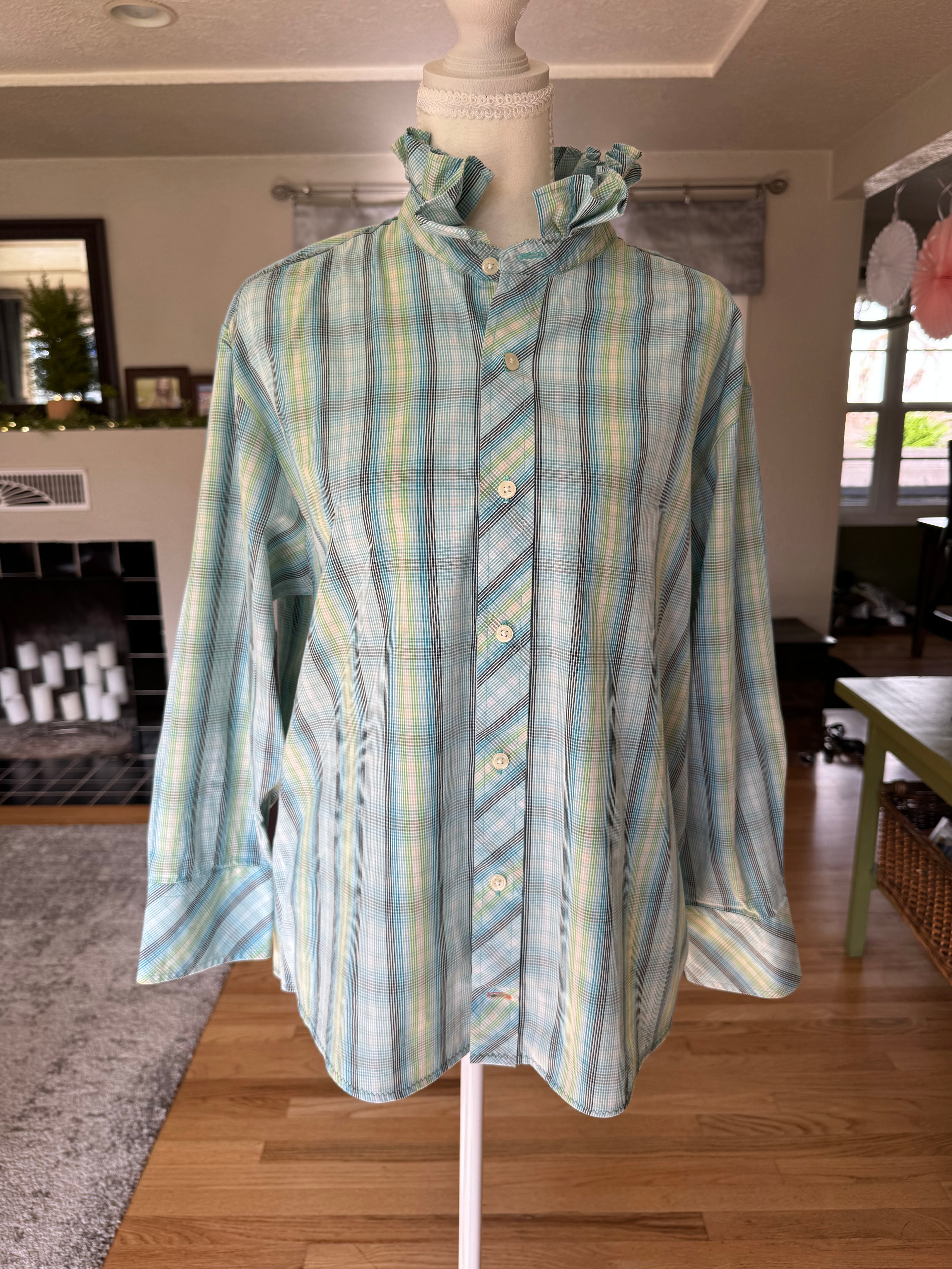 SOLD Cecilia - NYNE Upcycled Mens Ruffle Collar Shirt - green plaid - Size Medium/Large