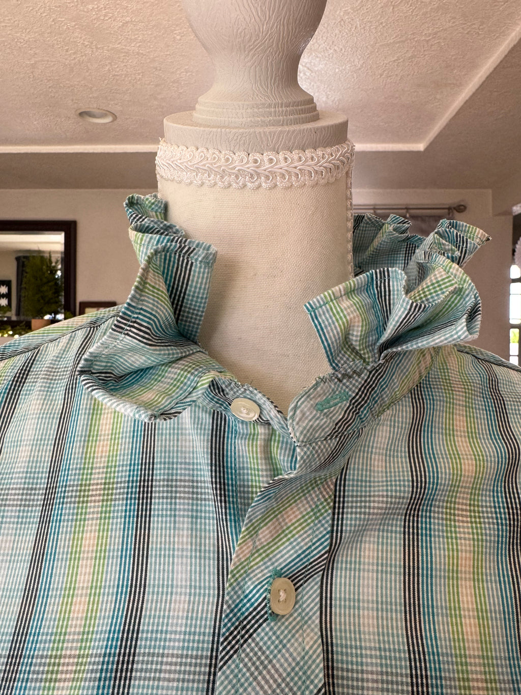 SOLD Cecilia - NYNE Upcycled Mens Ruffle Collar Shirt - green plaid - Size Medium/Large