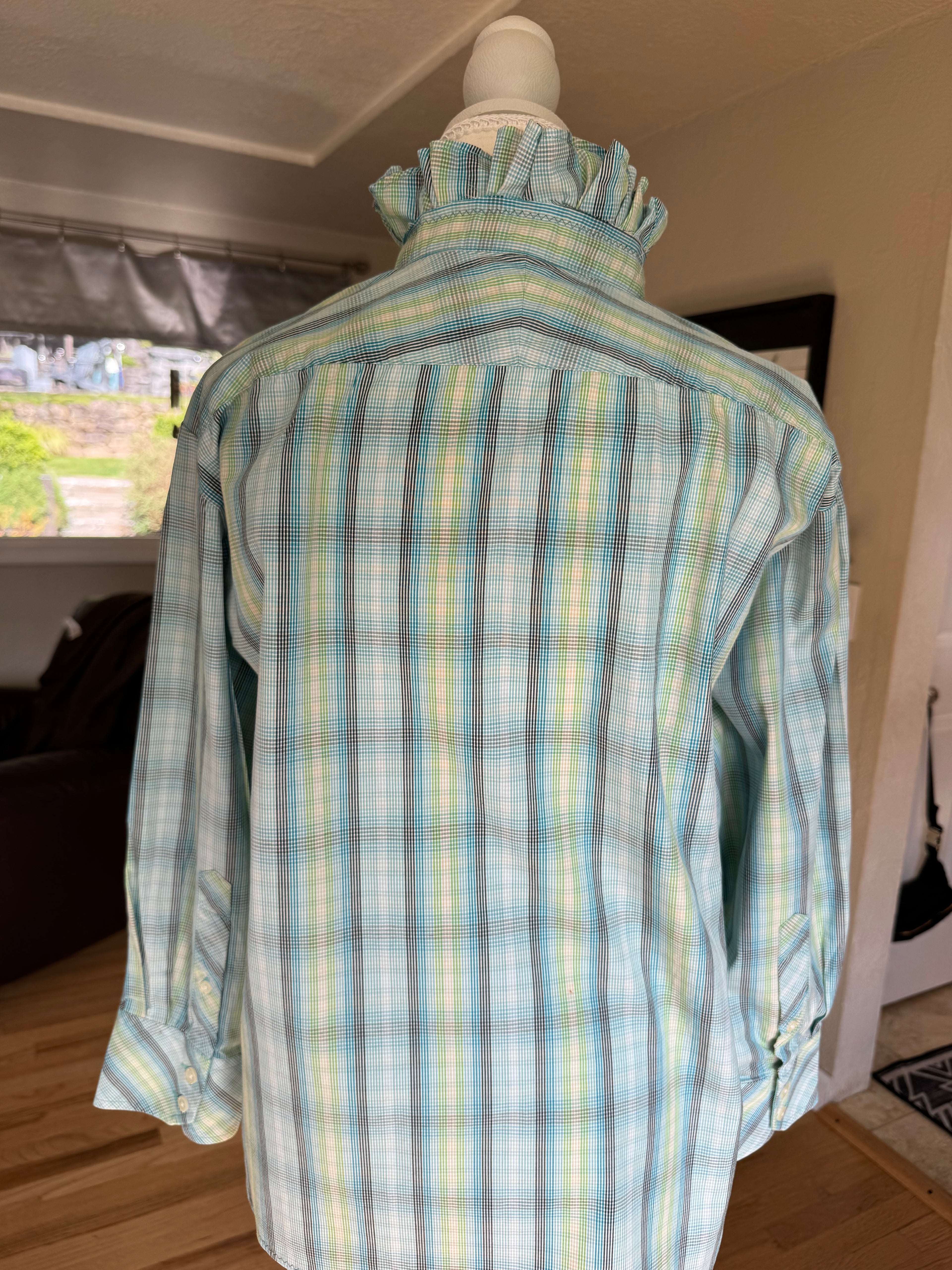 SOLD Cecilia - NYNE Upcycled Mens Ruffle Collar Shirt - green plaid - Size Medium/Large