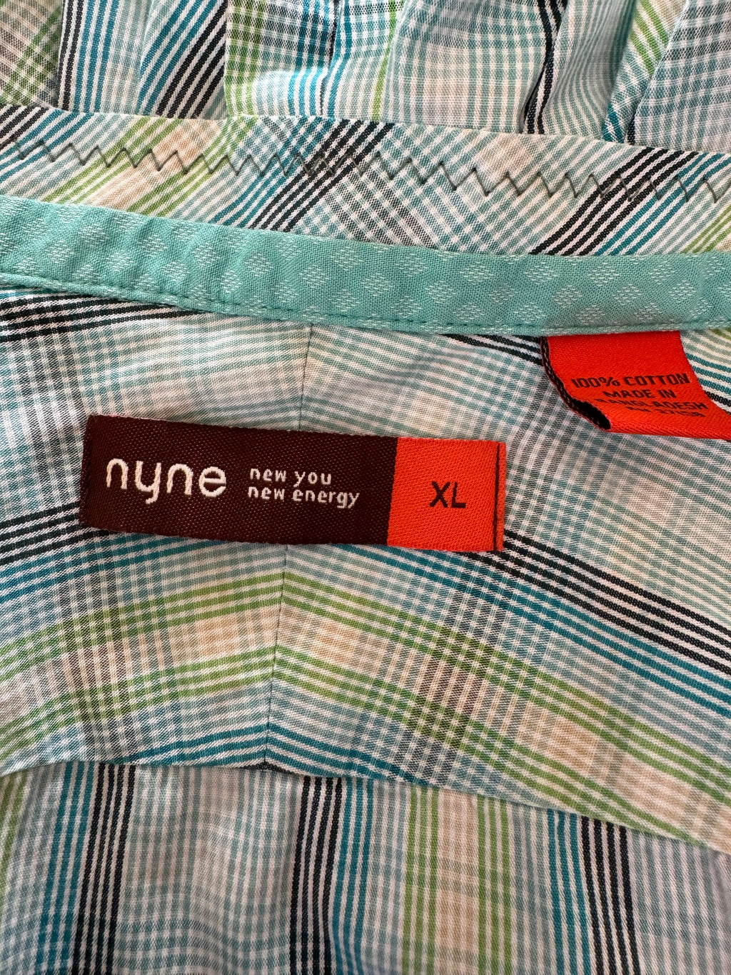SOLD Cecilia - NYNE Upcycled Mens Ruffle Collar Shirt - green plaid - Size Medium/Large