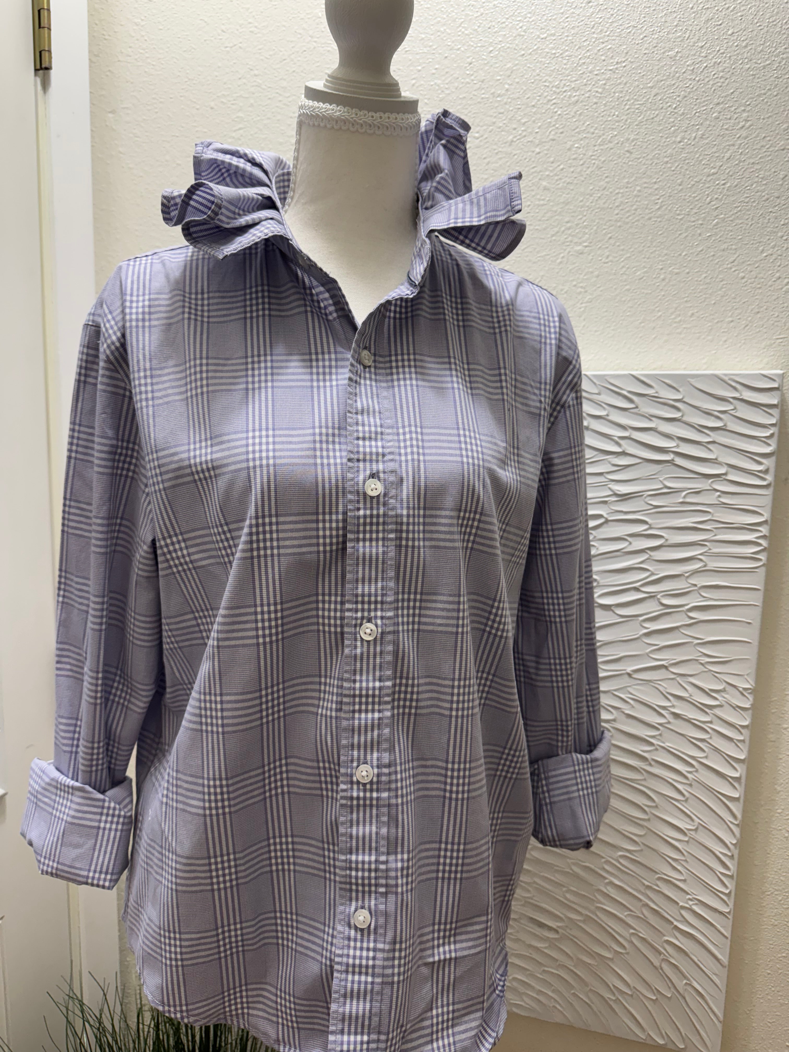 SOLD Kate - Upcycled Mens Ruffle Collar Shirt - lavender plaid - Size Medium/Large