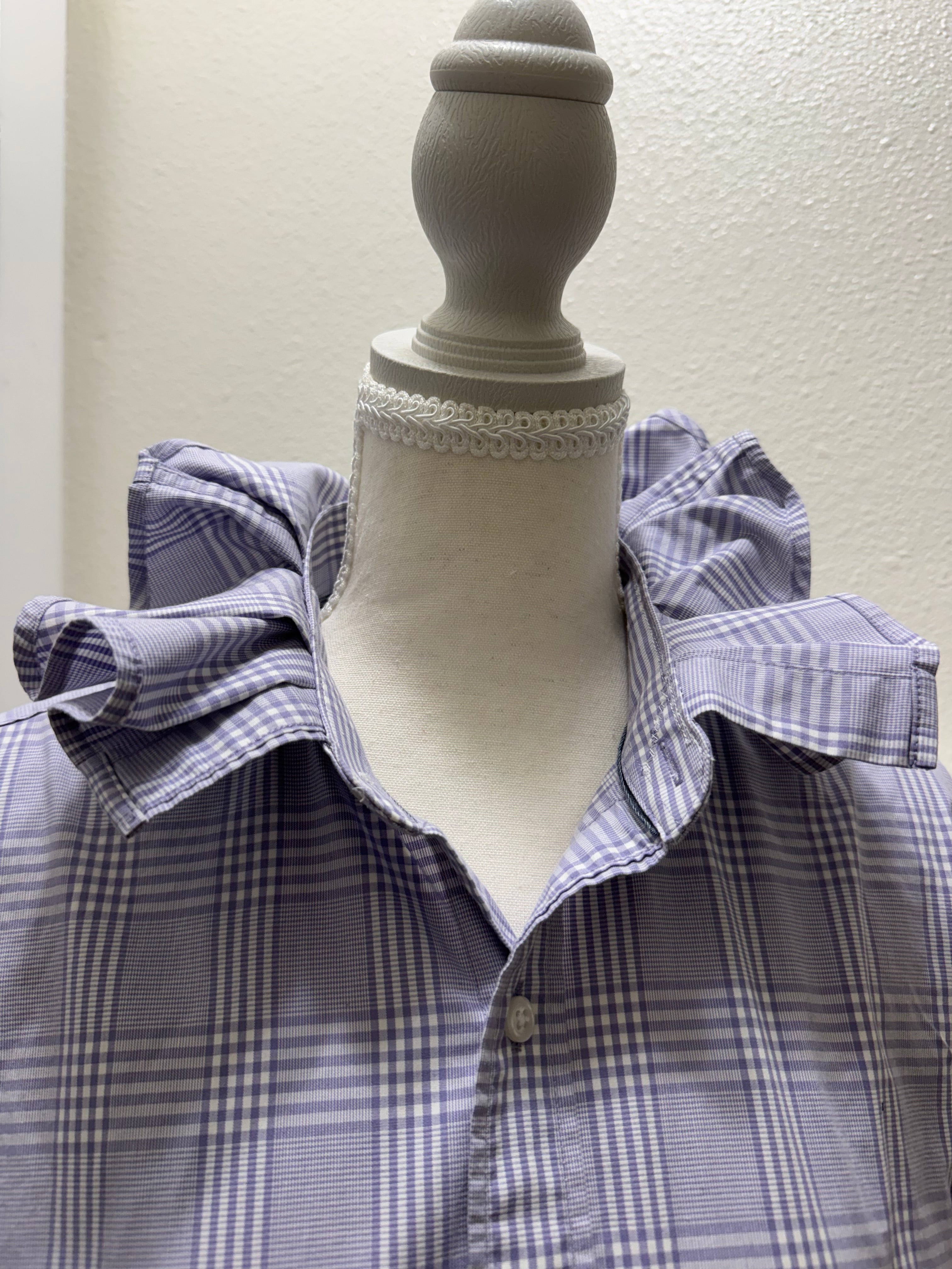 SOLD Kate - Upcycled Mens Ruffle Collar Shirt - lavender plaid - Size Medium/Large