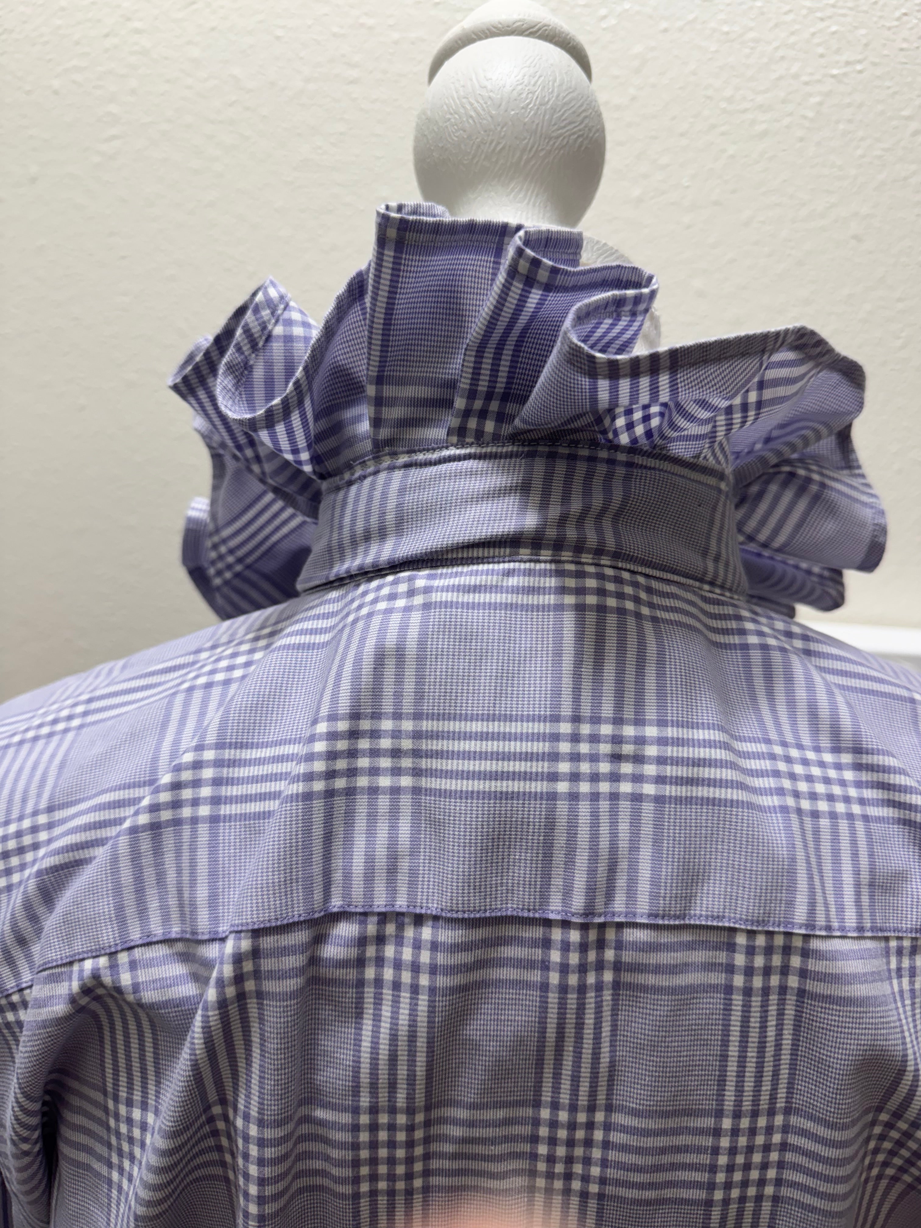 SOLD Kate - Upcycled Mens Ruffle Collar Shirt - lavender plaid - Size Medium/Large